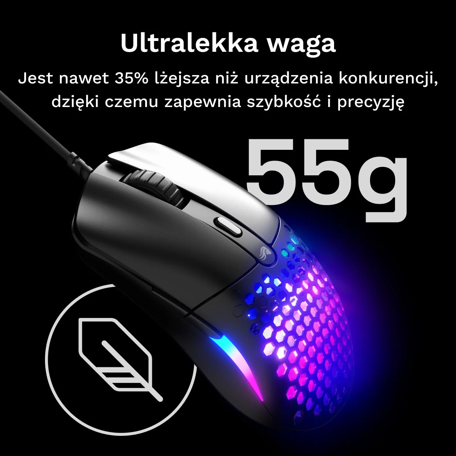 Glorious Model O Eternal – ultralekka mysz RGB – przewodowa – lekka (55g) – konfig. oświetlenie RGB – 6 konfig. przycisków – symetryczny design – czujnik opt. 12K DPI – PC/Mac – czarna