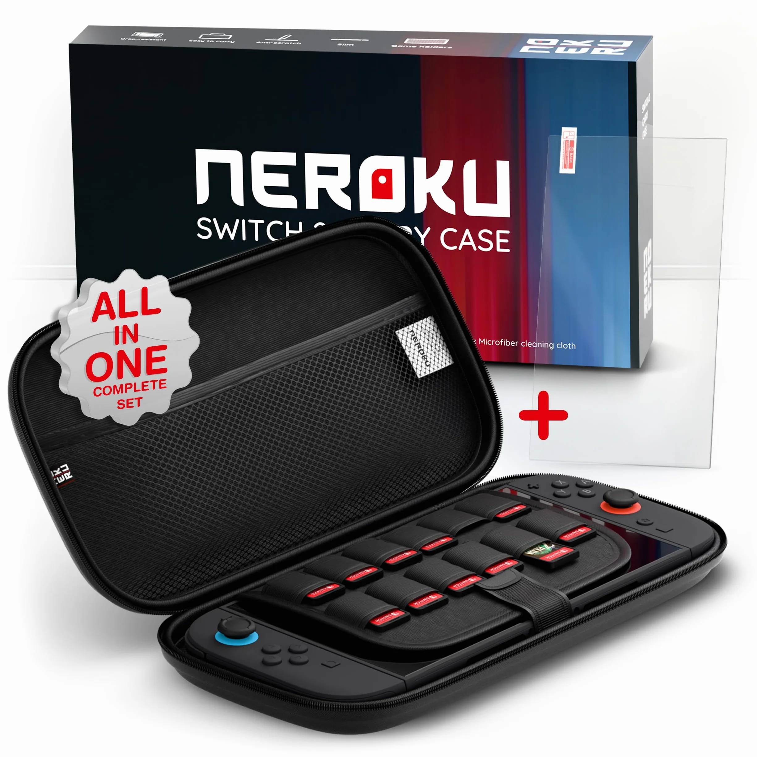 Neroku Wytrzymałe etui na Nintendo Switch 2 I model 2025 I Switch 2 zestaw akcesoriów składający się z etui Switch 2 i folii ze szkła pancernego, schowka na akcesoria i miejsce na 12 gier, etui