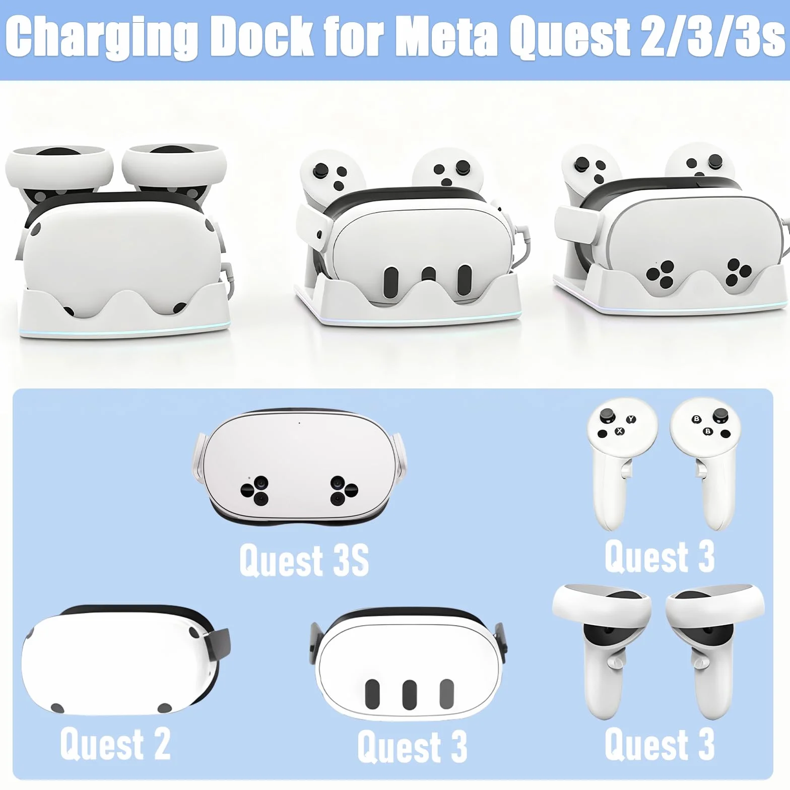 Stacja ładująca kompatybilna z Meta Quest 2/3/3S, stacja dokująca do szybkiego ładowania z oświetleniem RGB do kontrolera, ładowarka z USB C szybkie ładowanie do zestawu słuchawkowego VR i