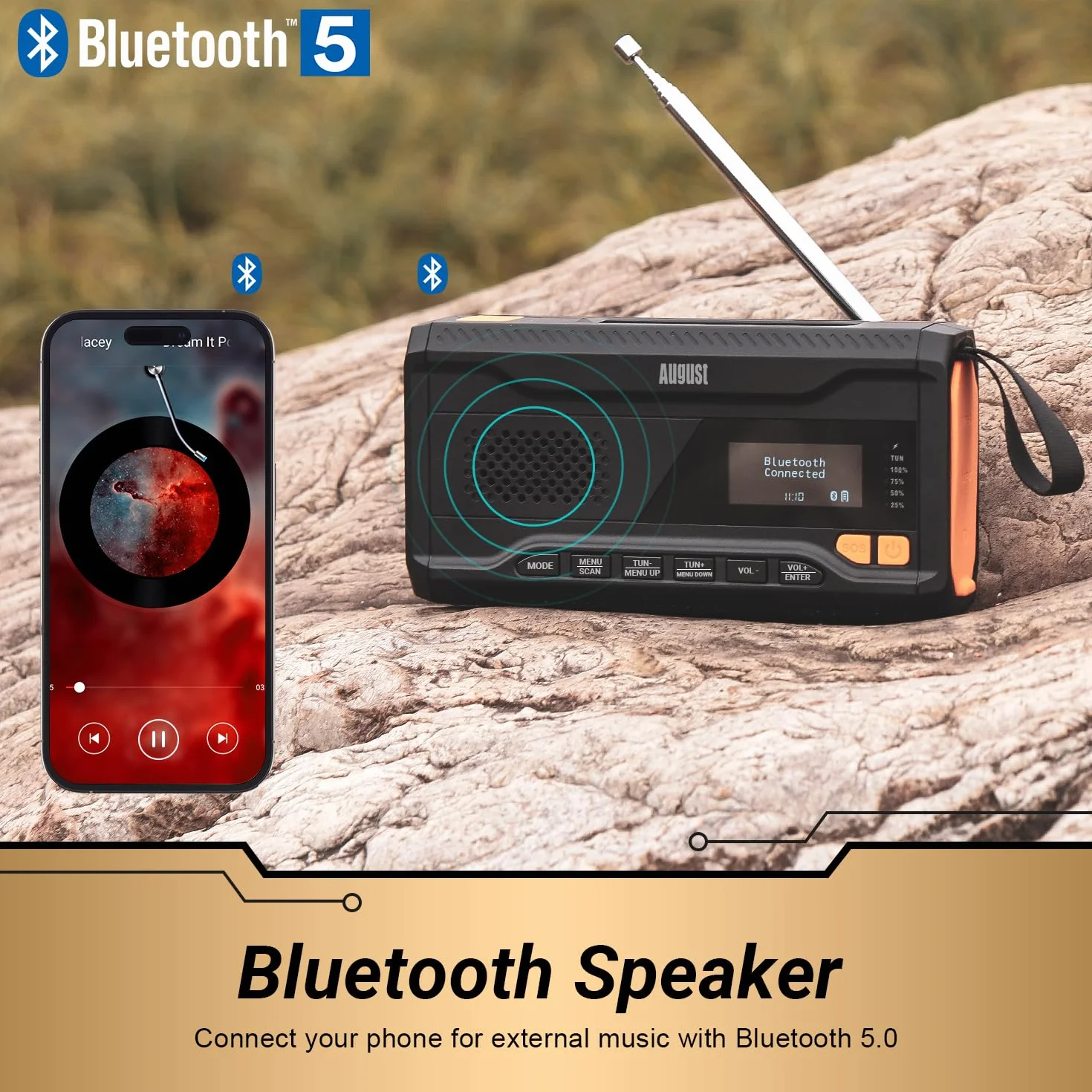 August MB290B Wind Up Solar Radio z DAB+/DAB/FM – 4500 mAh akumulator Bluetooth 5.0, radio awaryjne z korbą ręczną z powerbankiem USB, latarką i alarmem SOS do survivalu, biwakowania, wędrówek