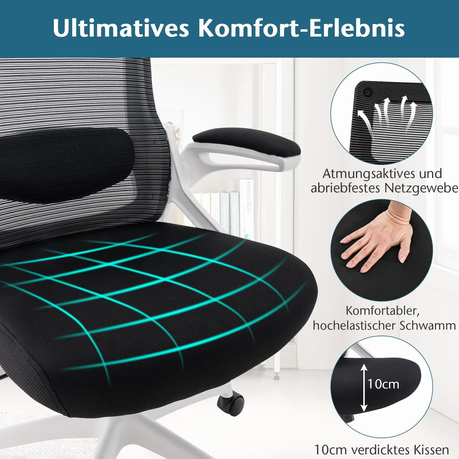 COSTWAY Ergonomiczne krzesło biurowe z regulowanym podparciem lędźwiowym i zagłówkiem, ze składanymi podłokietnikami i wysokim oparciem, obrotowe krzesło komputerowe z funkcją przechylania (białe)