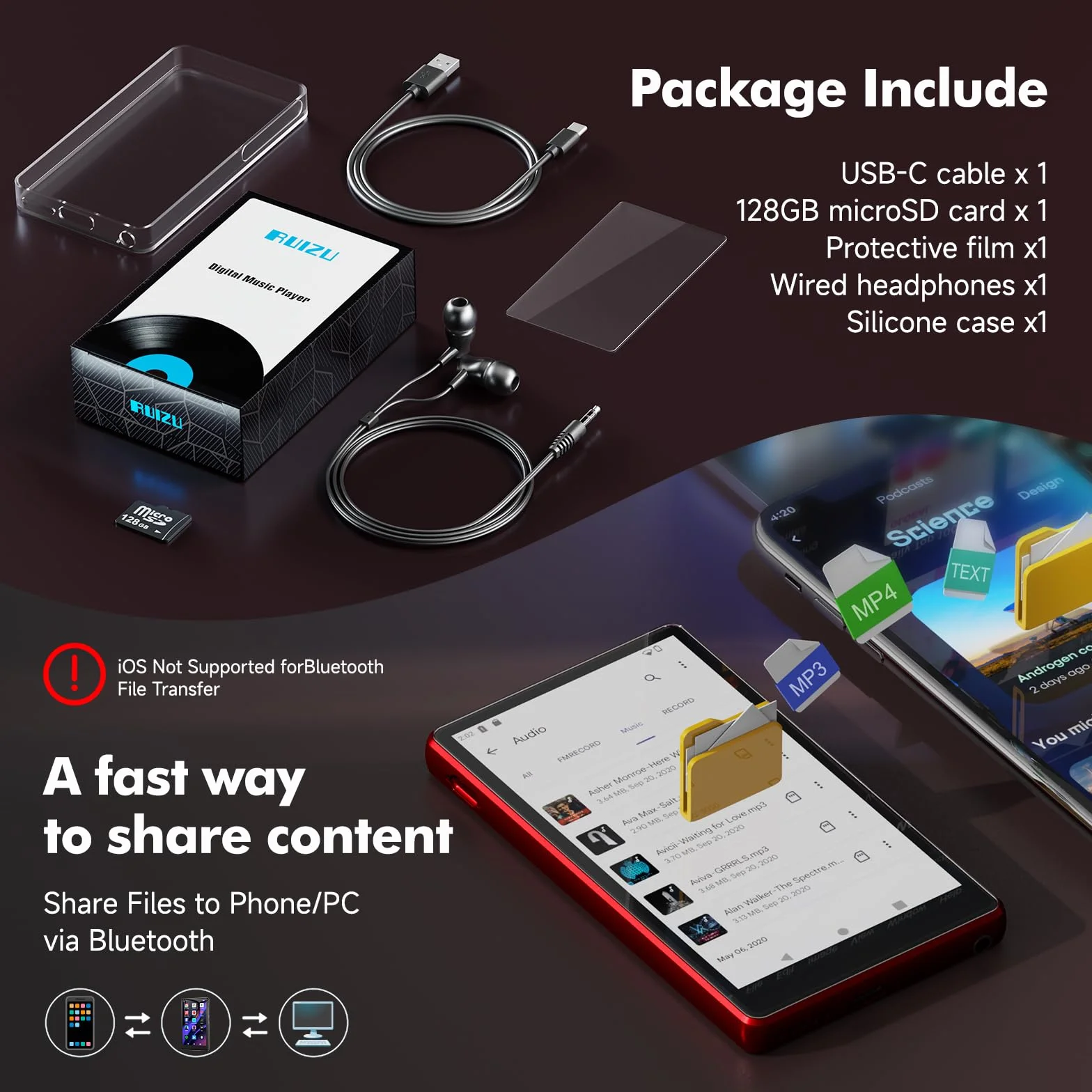 163GB Odtwarzacz MP3 Spotify z Bluetooth, 4.5-calowy ekran dotykowy MP4 z WiFi, 2000mAh przenośny głośnik stereo HiFi, Amazon Music, odtwarzacz muzyki Android do strumieniowego przesyłania dla dzieci