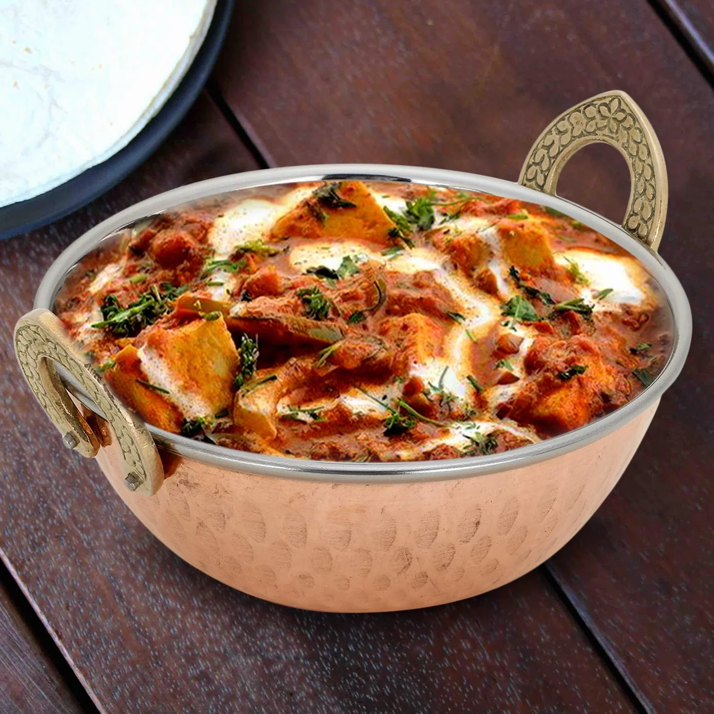Zap Impex indyjska miedź młotkowana miska do serwowania ze stali nierdzewnej, do dań indyjskich i curry, Karahi, 4 szt