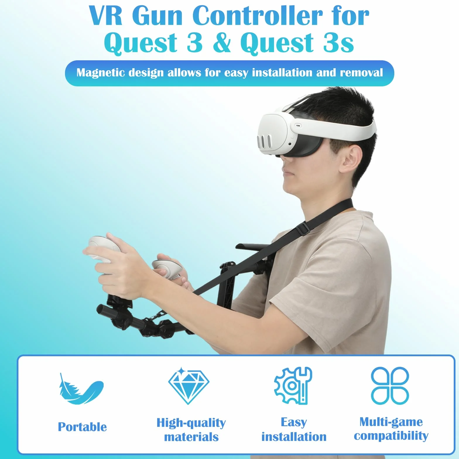 VR Gunstock dla Meta Quest 3/Quest 3S, kolba pistoletu kompatybilna z uchwytami kontrolera VR Meta Quest3/Quest3S dla zwiększenia stabilności i kontroli Magnetyczny