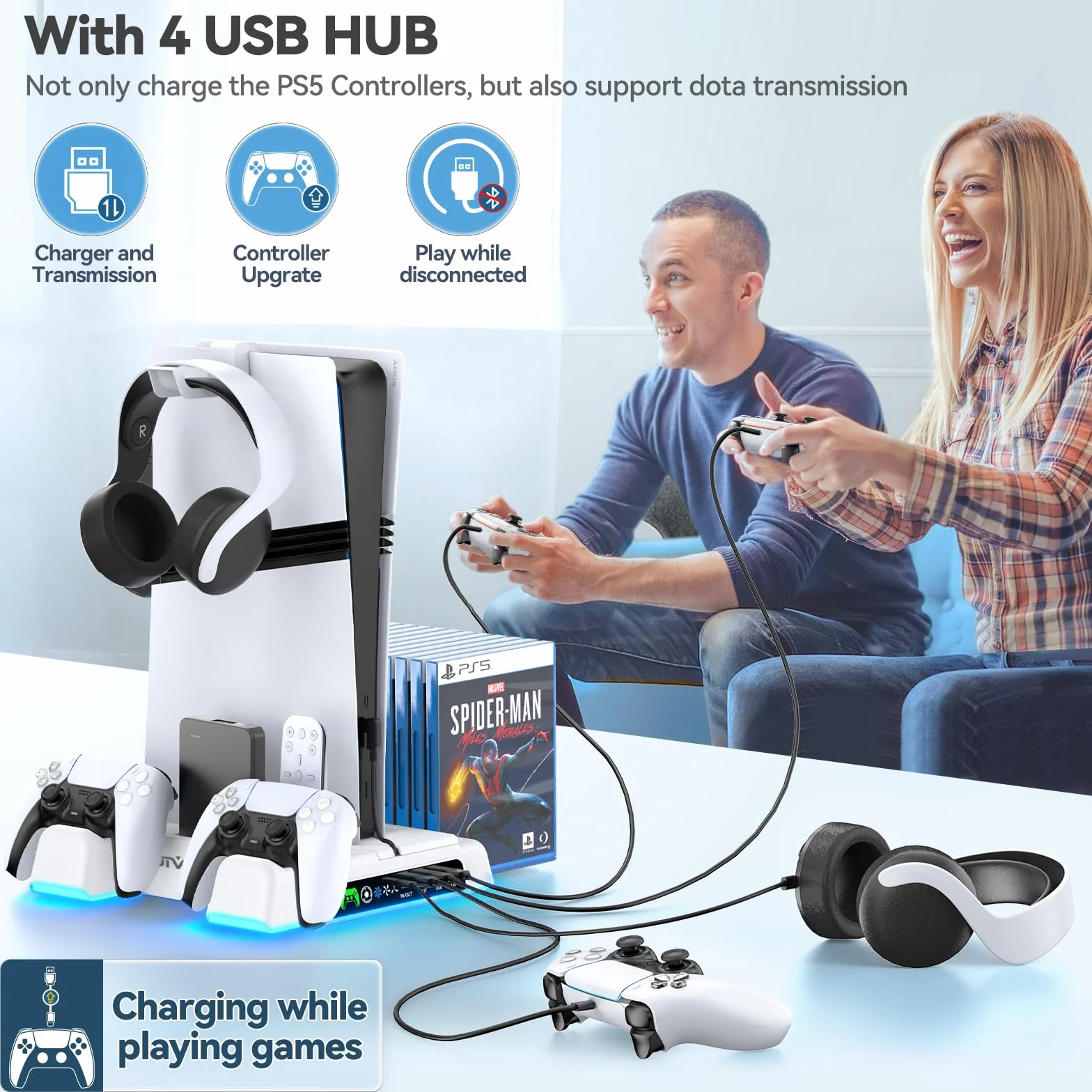 OIVO Stojak PS5 z wentylatorem o 3 prędkościach, ładowarka kontrolera PS5 ze wskaźnikiem RGB, pionowy stojak PS5 z 3 portami USB i 14 gniazdami na gry dla konsoli PS5