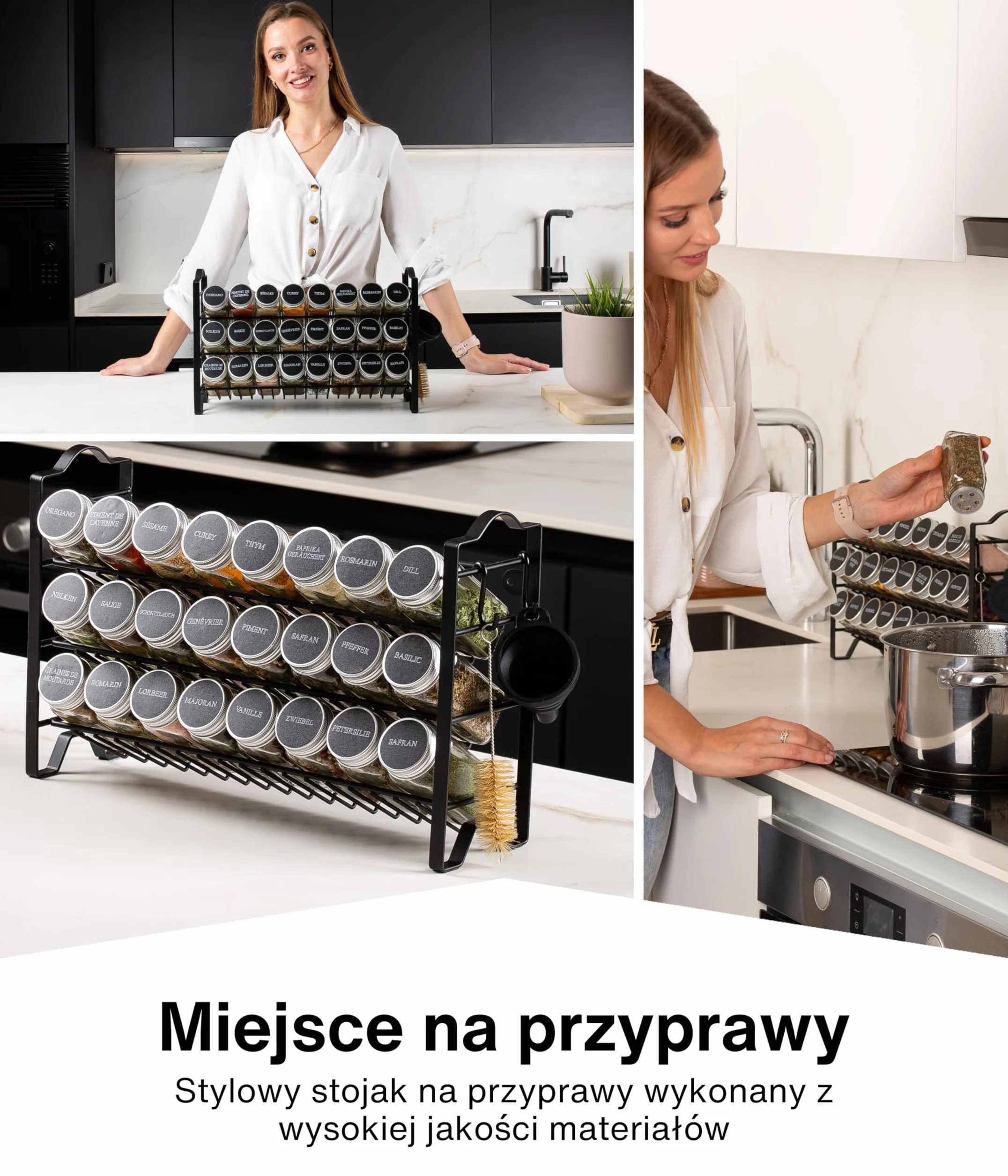 Deco Haus® Stojak na Przyprawy ze Słoikami na Przyprawy - 3-poziomowy Metalowy Organizer Kuchenny - 24 Słoiczki, 48 Etykiet, Pędzelek, Haczyki, Lejek - Półka Wolnostojąca lub na Ścianę - Czarny Regał