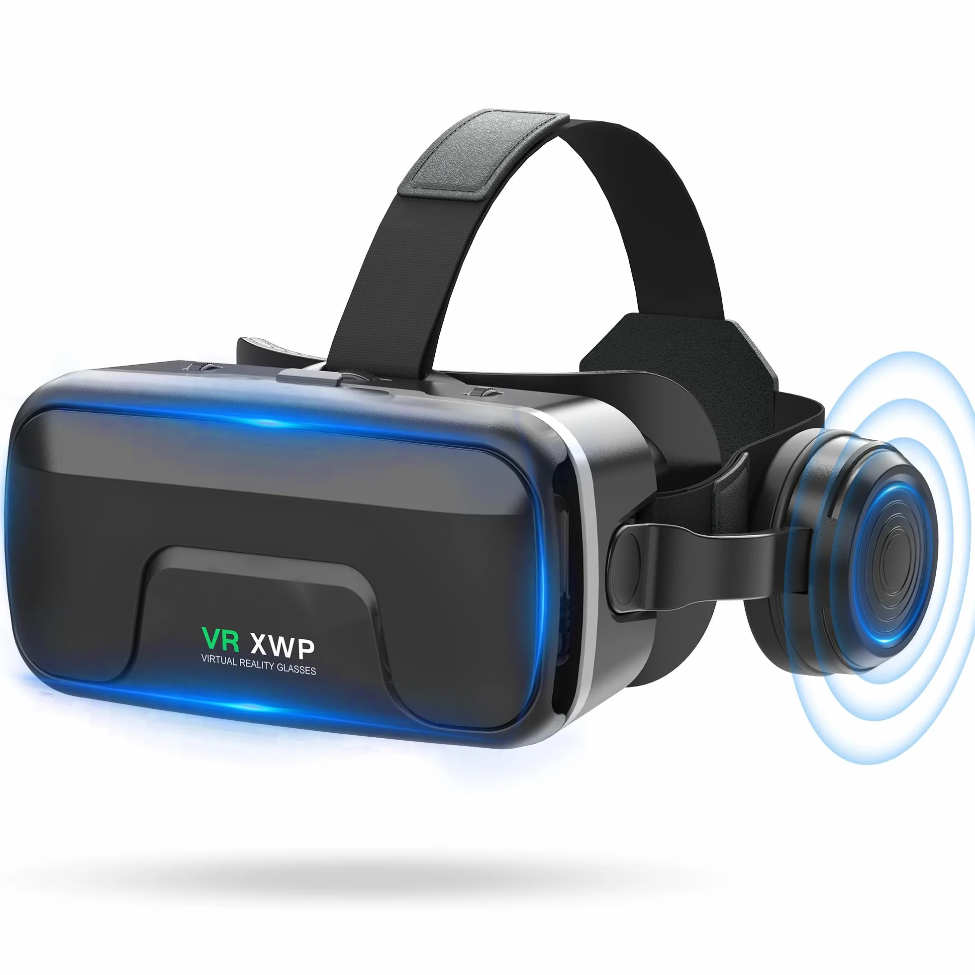 XWP Zestaw słuchawkowy VR ze słuchawkami, okulary wirtualnej rzeczywistości 3D z soczewkami HD Anti-Blue Light, kompatybilny z iPhone i Android 11.9-18.3 cm, wciągające do gier, filmów i zabawy