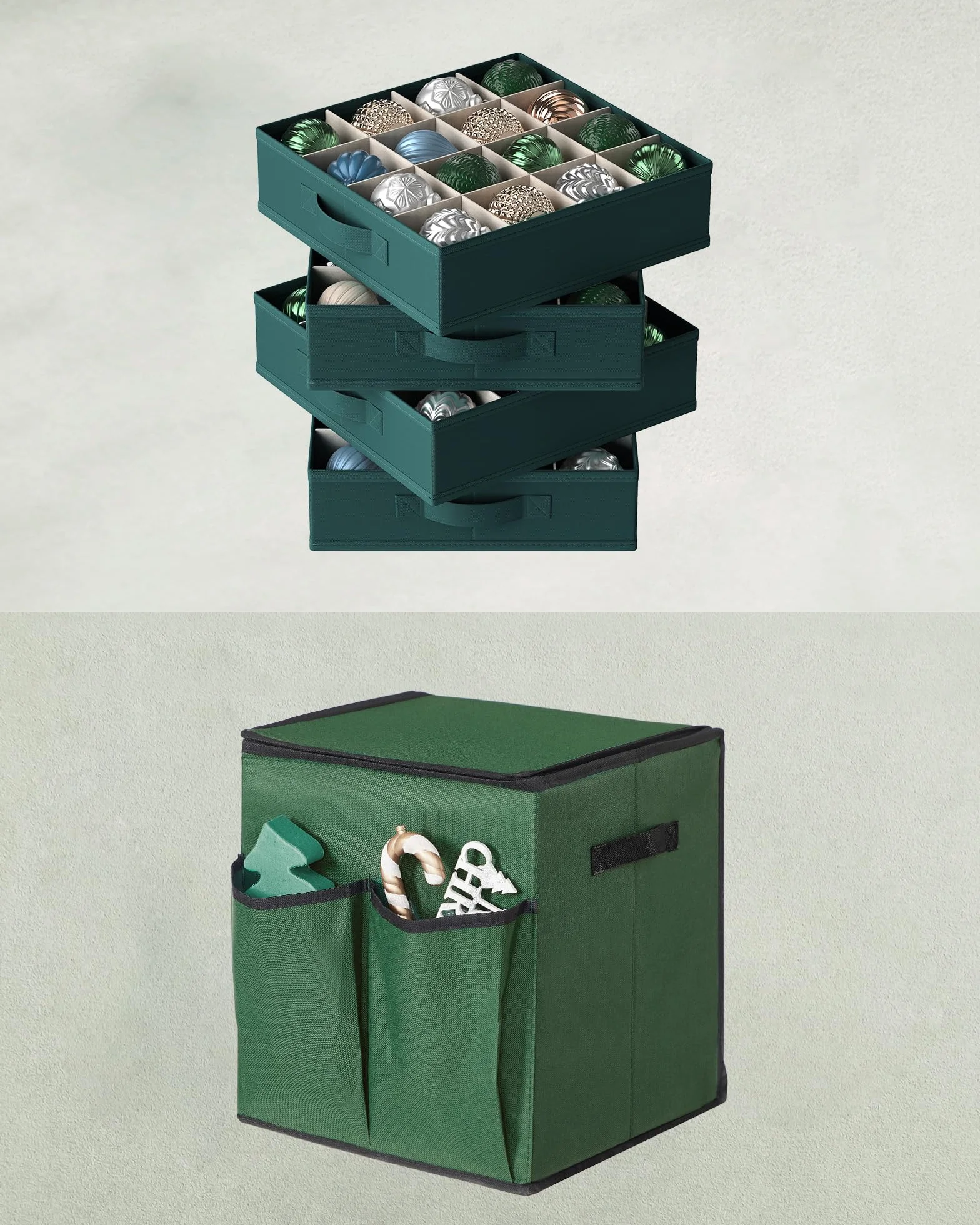 SONGMICS Organizer na bombki świąteczne Boczne otwieranie Możliwość układania w stosy 4 szuflady Tkanina Oxford 600D 64 przegródki 3" każda leśna zieleń RFB037C01