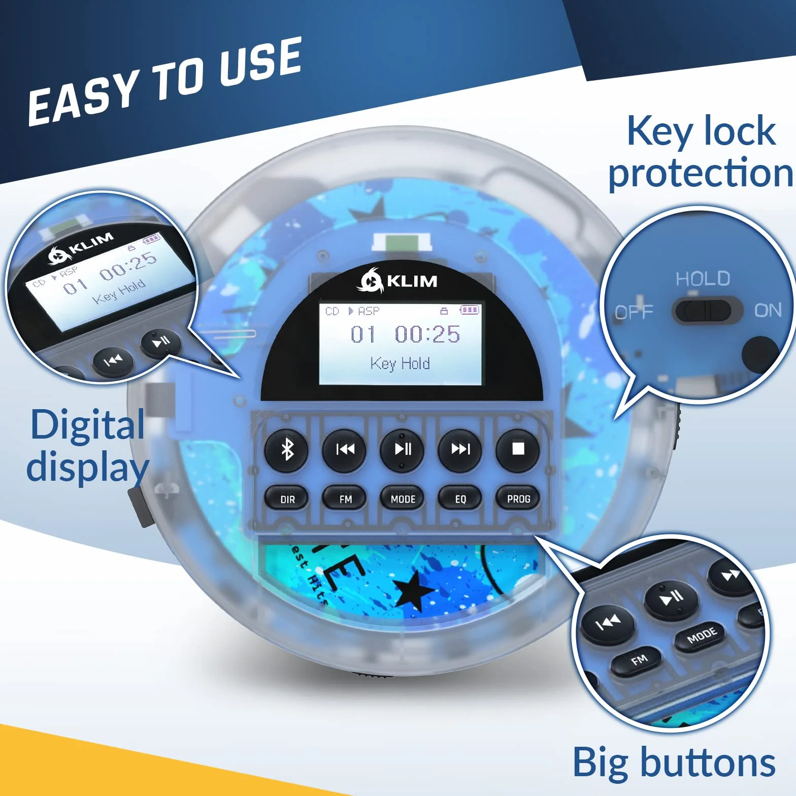 KLIM Nomad Transparent - NOWY - Przenośny odtwarzacz CD z długotrwałą baterią - w zestawie słuchawki - Radio FM - Przenośny odtwarzacz MP3 CD - Radio FM z kartą TF Bluetooth - Idealny do samochodów