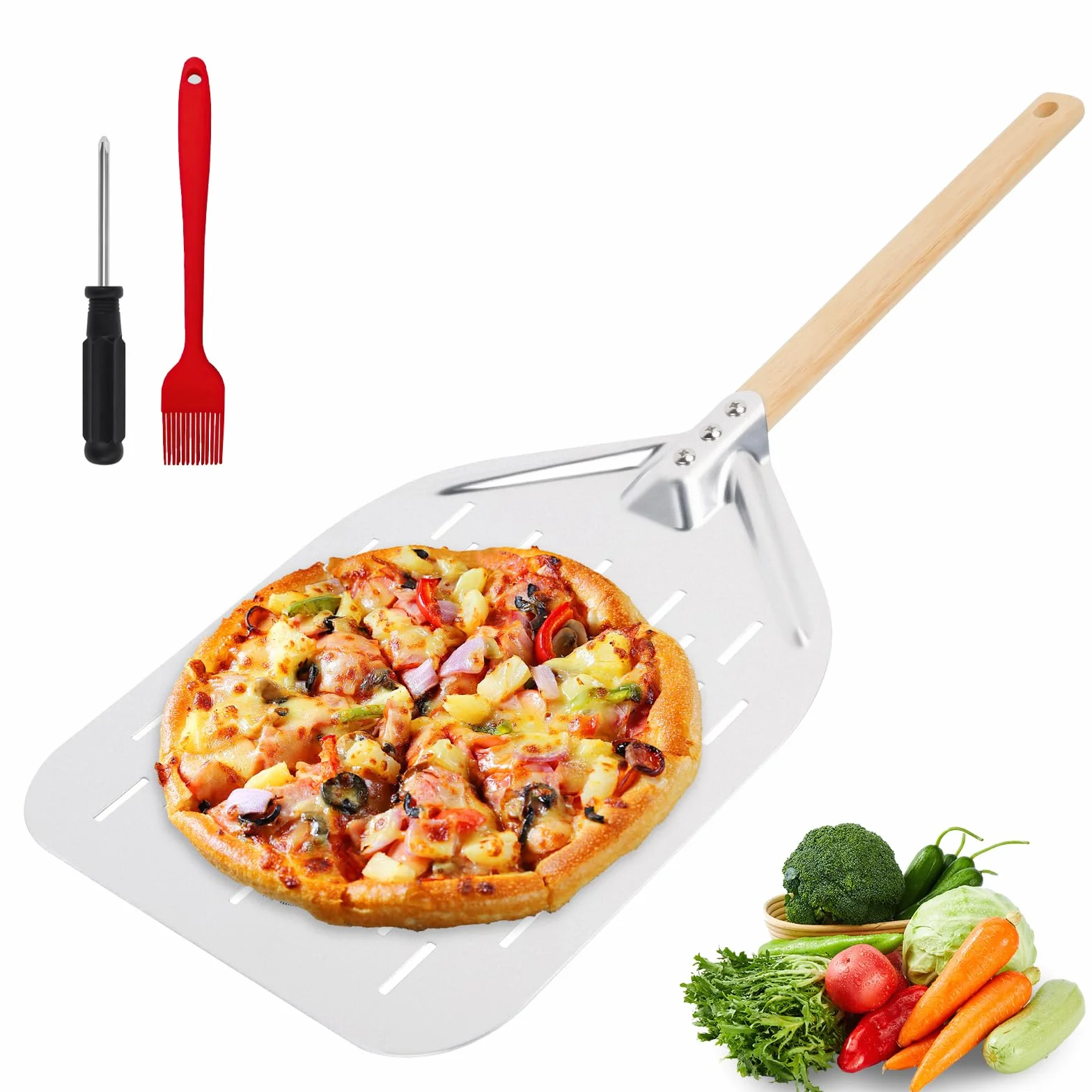 Perforowana łopata do pizzy, łopata do pizzy 39,5 x 30 cm z drewnianą rączką i 1 szczotką do oleju, profesjonalna aluminiowa perforowana skrobaczka do pizzy do domowego wypieku pizzy (czarna, 12 cali)