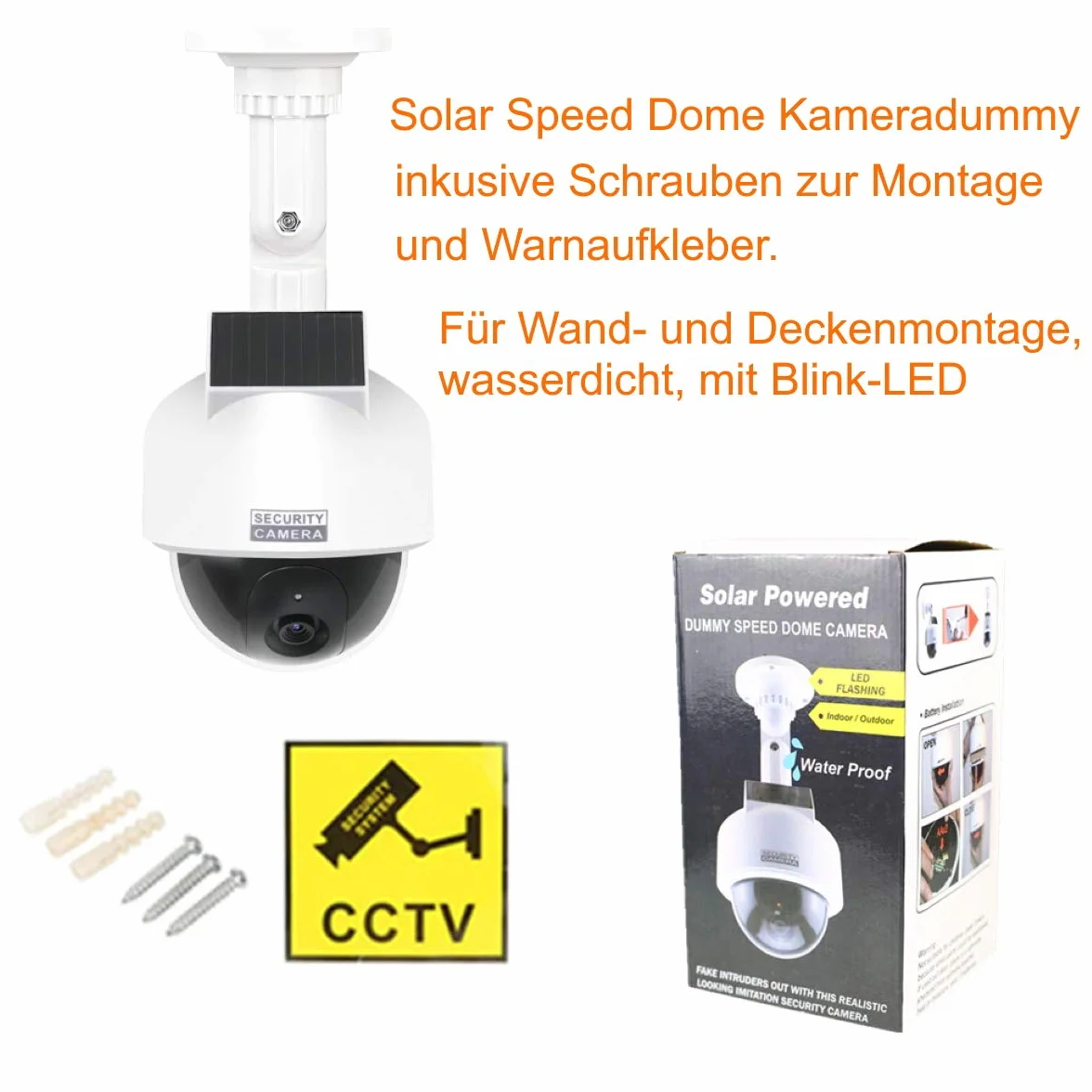 O&W Security Dummy Speed-Dome Solar atrapa kamery – z obiektywem i czerwoną migającą diodą LED (IRlook), wodoszczelna, 360° uchwyt ścienny/sufitowy, czujnik LED, do użytku wewnątrz i na zewnątrz, 2 x