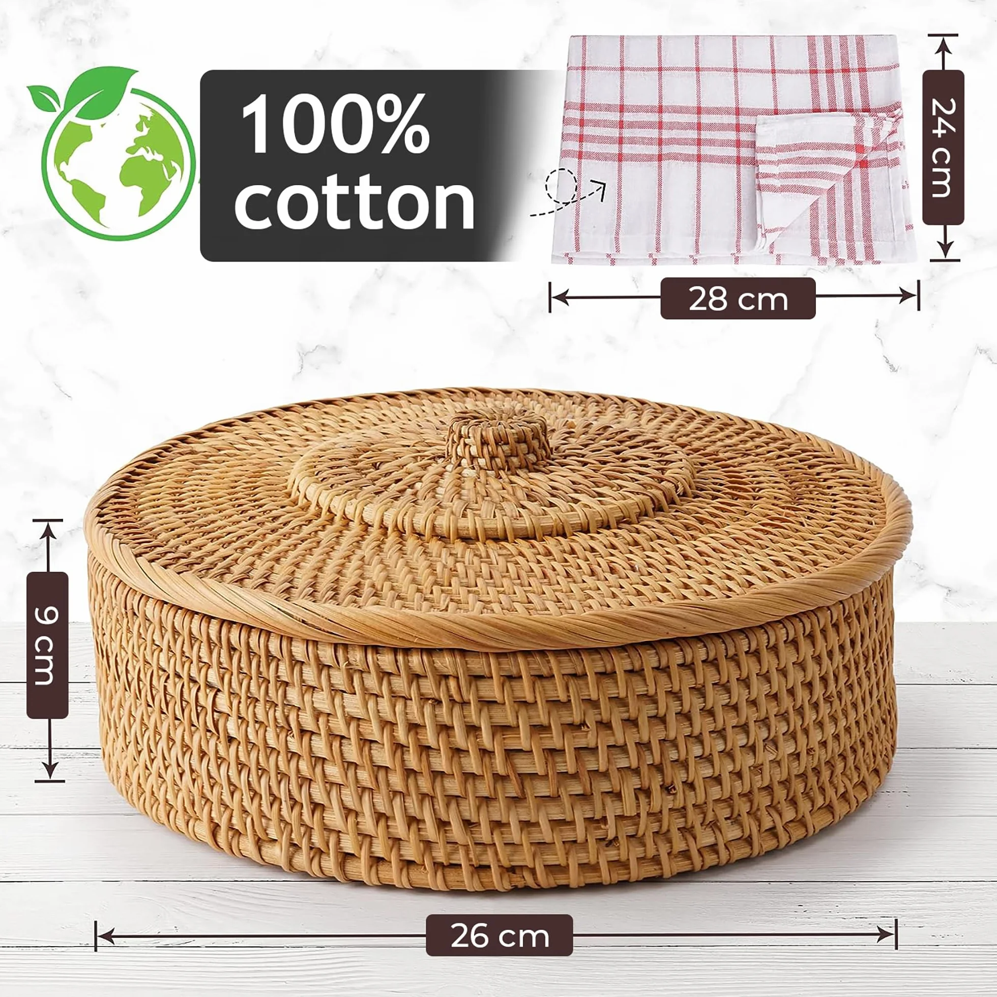 Tortillada Podgrzewacz Tortilli 26 cm Rattan Ręcznie Wykonany Kosz na Chleb z Bawełnianą Tkaniną Utrzymuje Ciepło