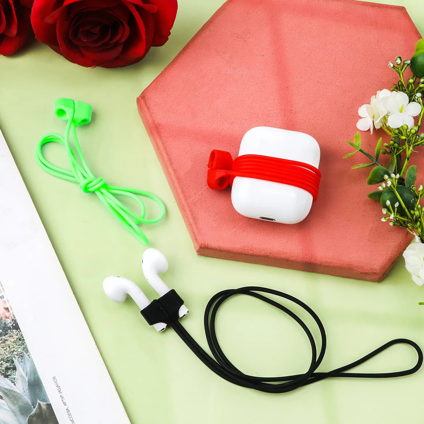 3szt Magnetyczne Wkladki Douszne Pasek Magnetyczny, Sportowe Pasek na Smycz Douszny Miekki Silikon Paski Zapobiegajace Zgubieniu Kompatybilne z AirPods Pro/3/2/1 (Czarny, Bialy, Rózowy)