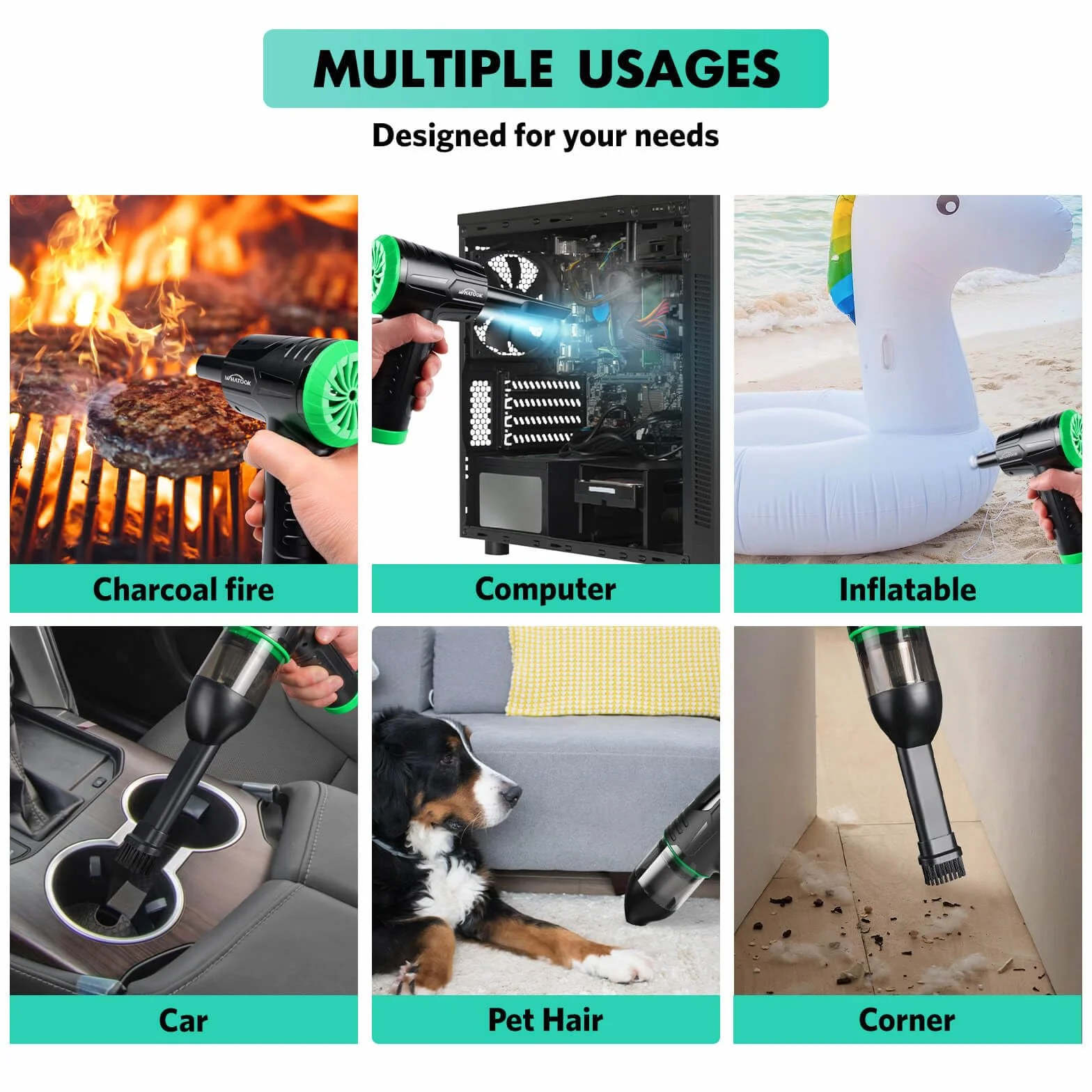 Elektryczna dmuchawa do kurzu, Bezprzewodowy odkurzacz do czyszczenia komputera， 3-biegowa dmuchawa Air Duster, wydajna 60 000 obr./min, z oświetleniem LED do komputera (Air Duster & Vacuum-Green)