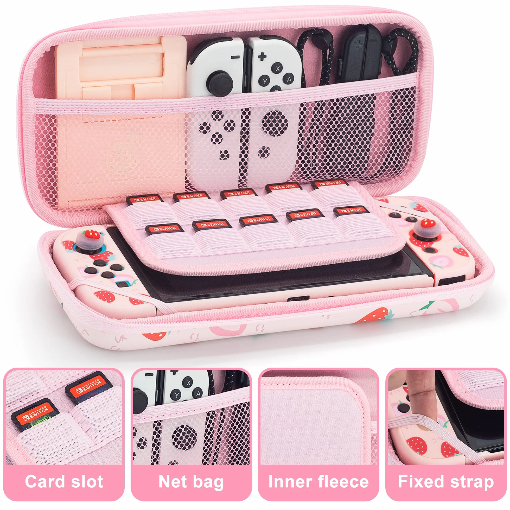 BRHE Switch pokrowiec Case etui do Nintendo Switch, akcesoria podróżne, torba do przenoszenia, zestaw z torbą do gry i 2 nakładkami na kciuki (różowe)