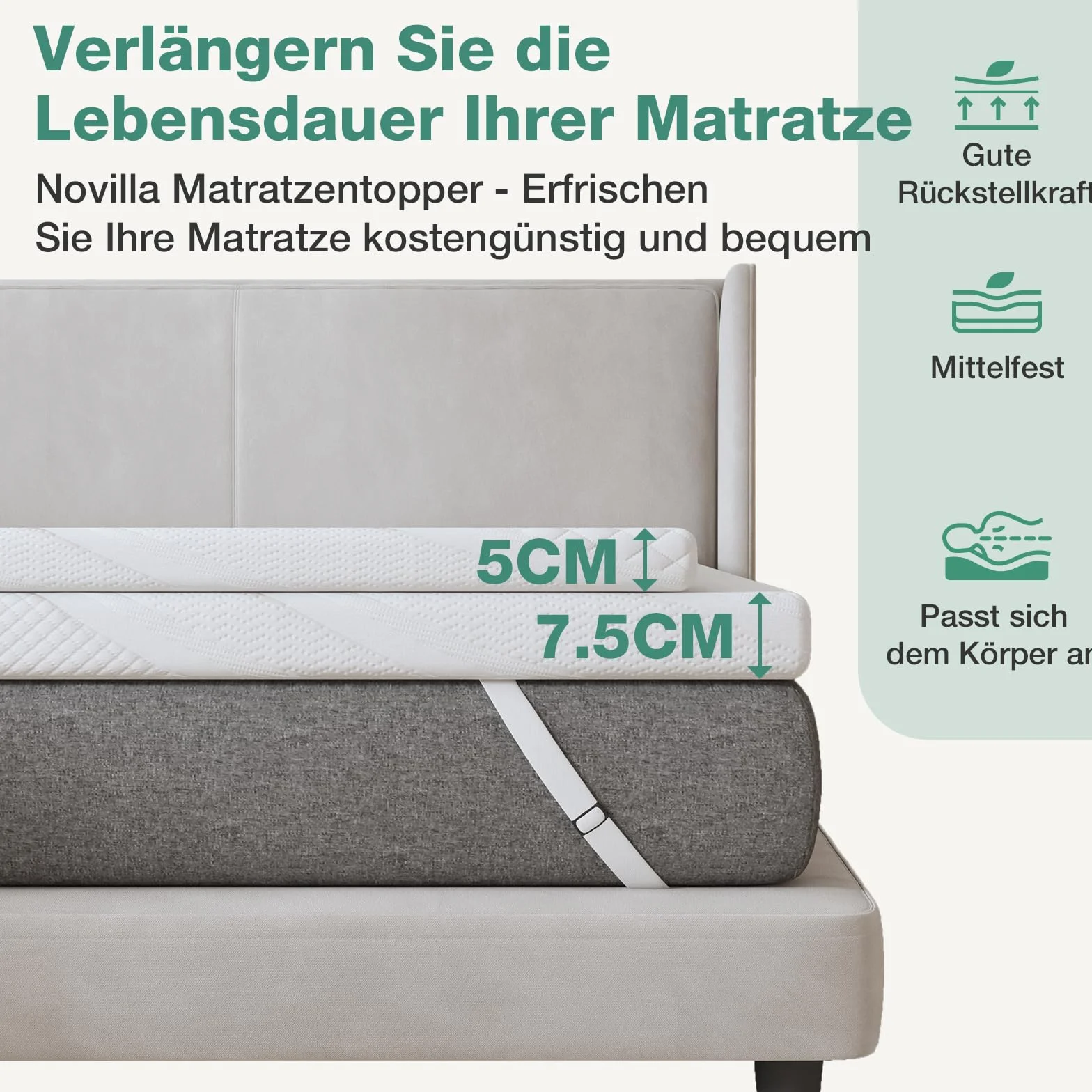 Novilla Topper Viscoelastic 140x200 5 cm, żelowy materac, nakładka na materac z pianki Memory Foam Mattress, bambusowy topper, zdejmowany i nadający się do prania pokrowiec na materac, biały