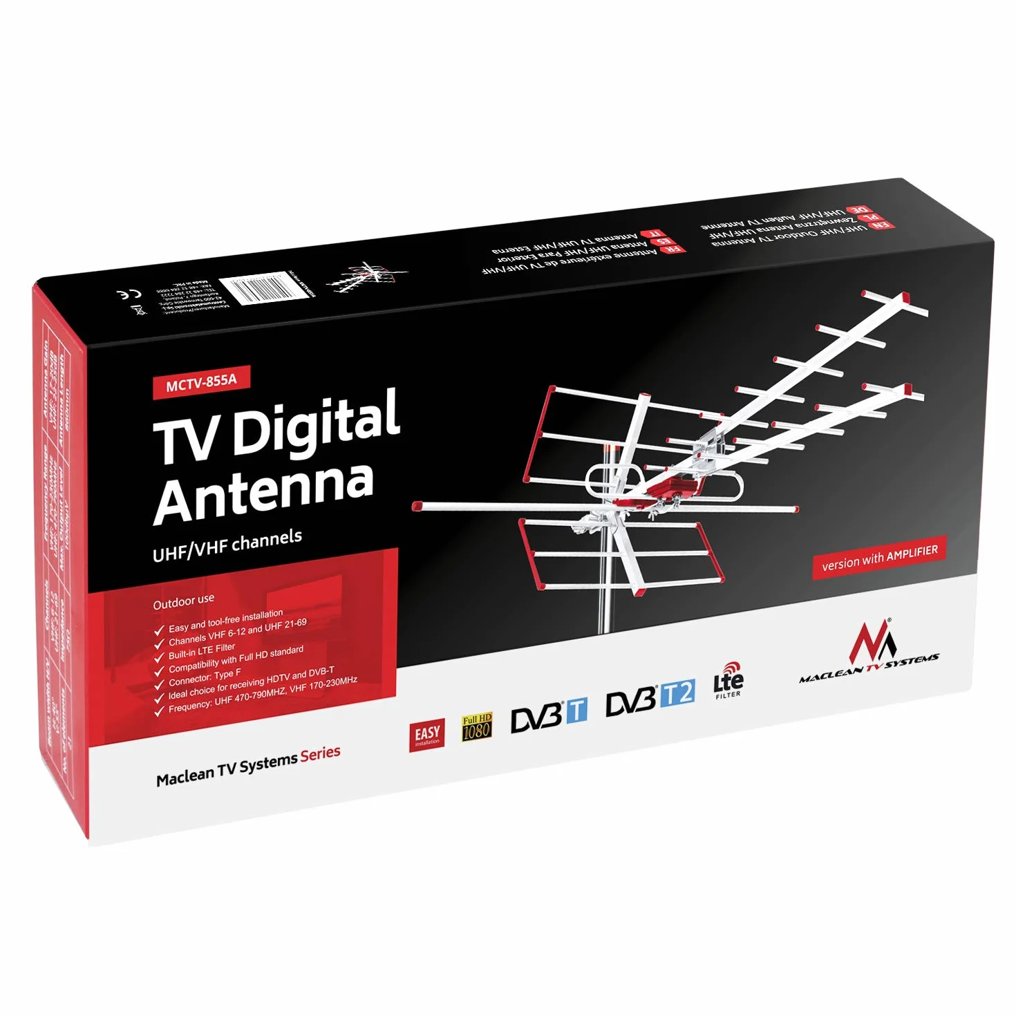 Maclean MCTV-855A Antena Zewnętrzna TV, Odbiornik Do Telewizora Na Dach DVB-T DVB-T2 Combo UHF VHF Aktywna, Full HD TV, Wtyk TV Gniazdo F, Antena Odporna Na Wiatr, Deszcz, Śnieg i Temperaturę