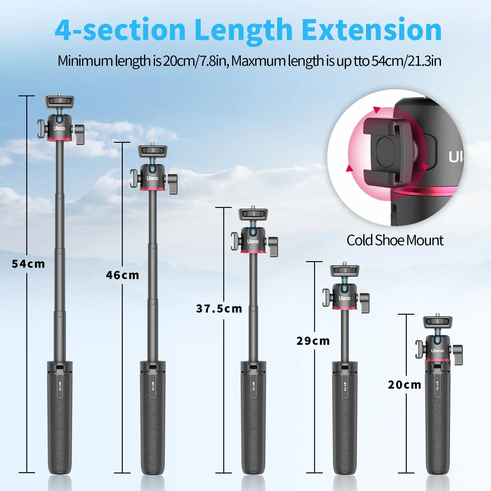 ULANZI MT-73 statyw do mini kamery 54 cm, ze śrubą 1/4", statyw podróżny, kieszonkowy tripod, kompatybilny z kompaktowymi kamerami