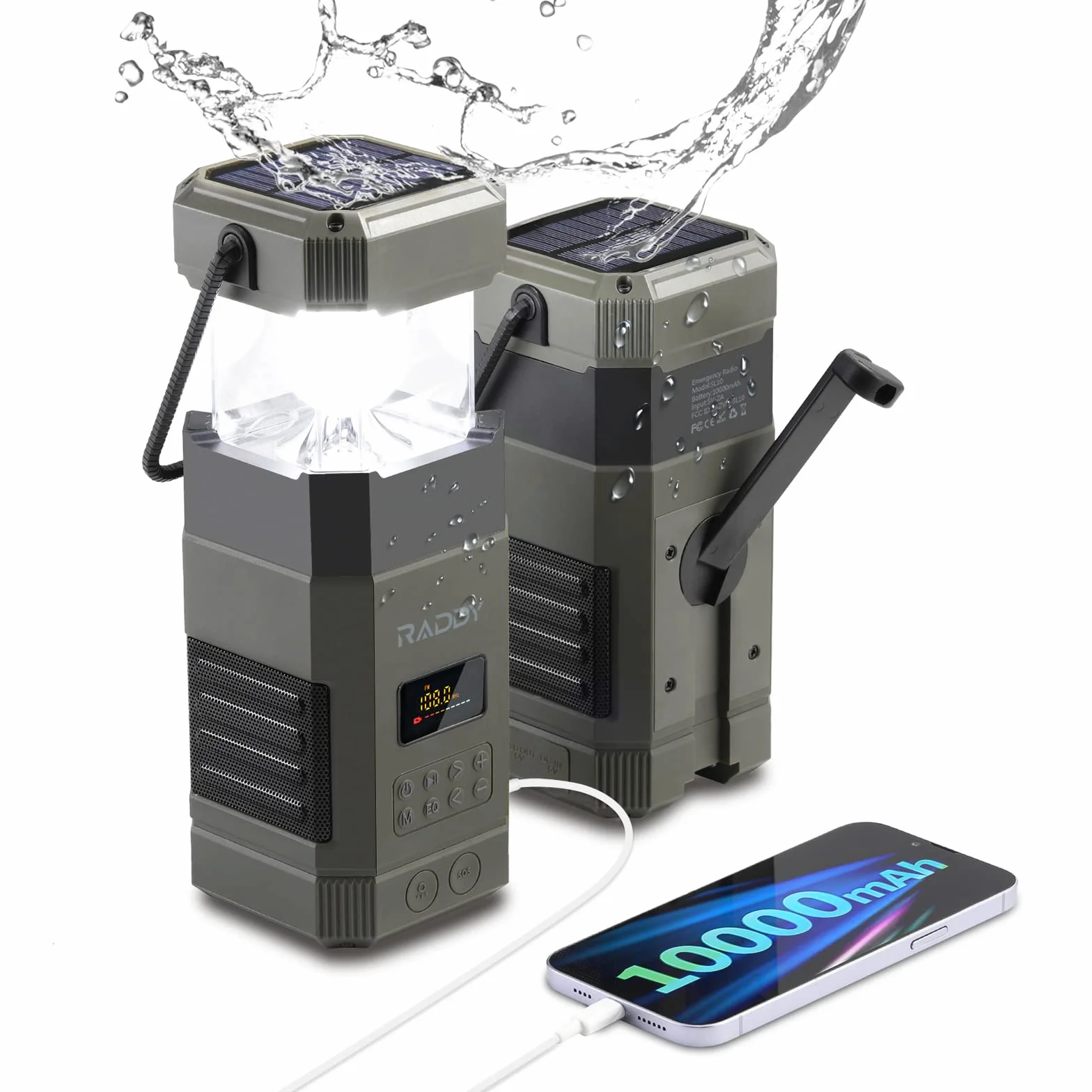 [10000 mAh Wodoodporny] Radio awaryjne Raddy SL10, korba ręczna Solarna latarnia kempingowa, głośnik Bluetooth IPX6, latarka AM FM NOAA Alarm SOS na wypadek awarii zasilania na kempingu
