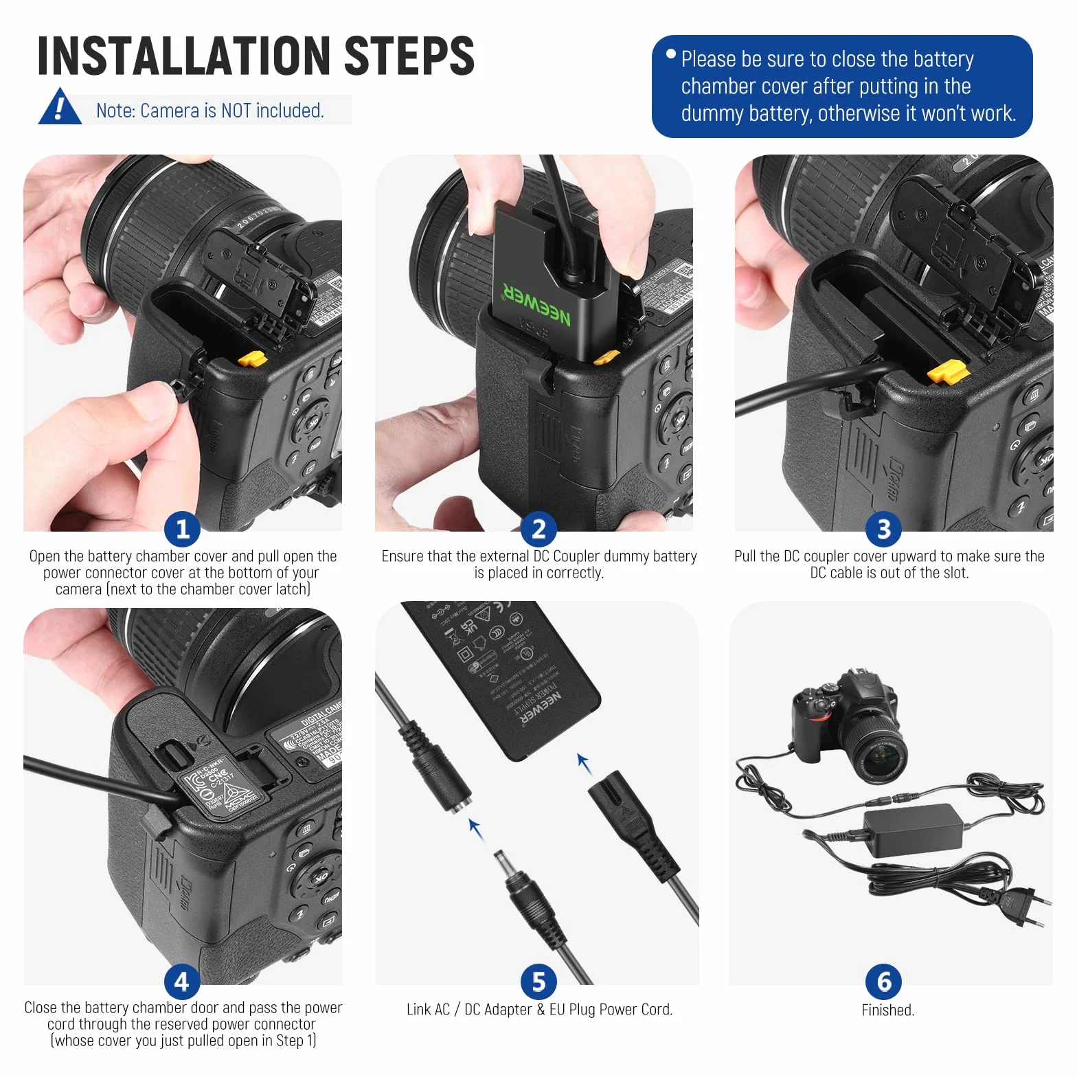 Neewer EP 5A AC zasilacz adapter i łącznik DC Dummy zestaw ładowarek zastępuje akumulator EN EL14, kompatybilny z aparatem Nikon D5600 D3300 D3500 D5100 D5500 D3100 D3200 D3400 D5200 D5300 Df