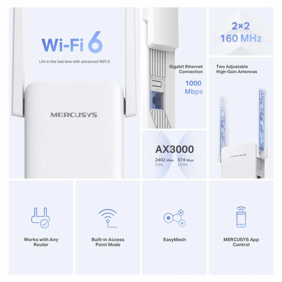 Mercusys ME80X | Wzmacniacz Zasięgu Wi-Fi 6 AX3000 Dual-Band | 2402 Mb/s (5 GHz) + 574 Mb/s (2,4 GHz) | Kompatybilny z EasyMesh | Port Gigabit Ethernet | Tryb Punktu Dostępowego