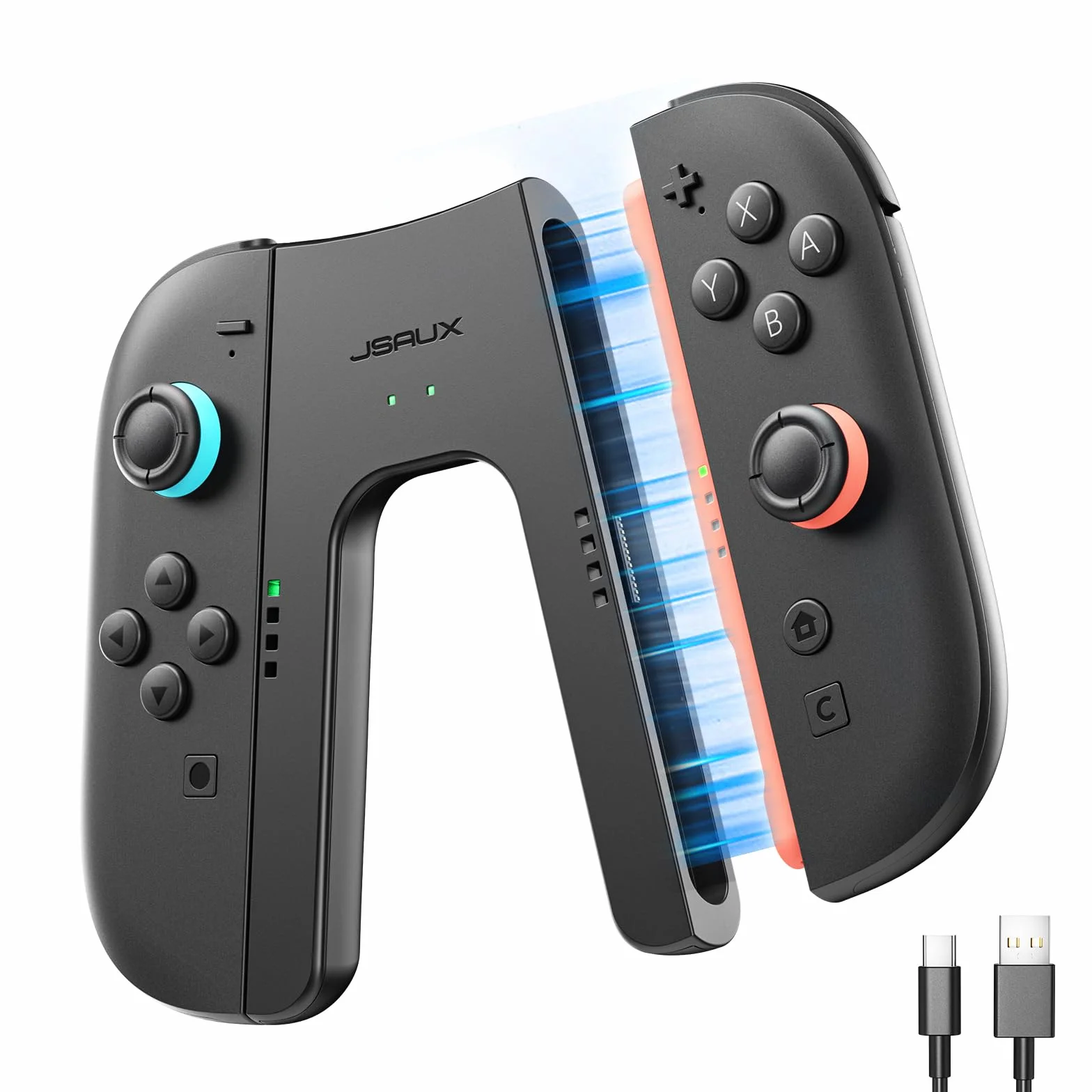 JSAUX Uchwyt ładujący do Switch 2, kontroler z magnetycznym uchwytem kompatybilny z JoyPad Switch 2, graj podczas ładowania ze wskaźnikiem LED i kablem ładującym 1,5 m – czarny