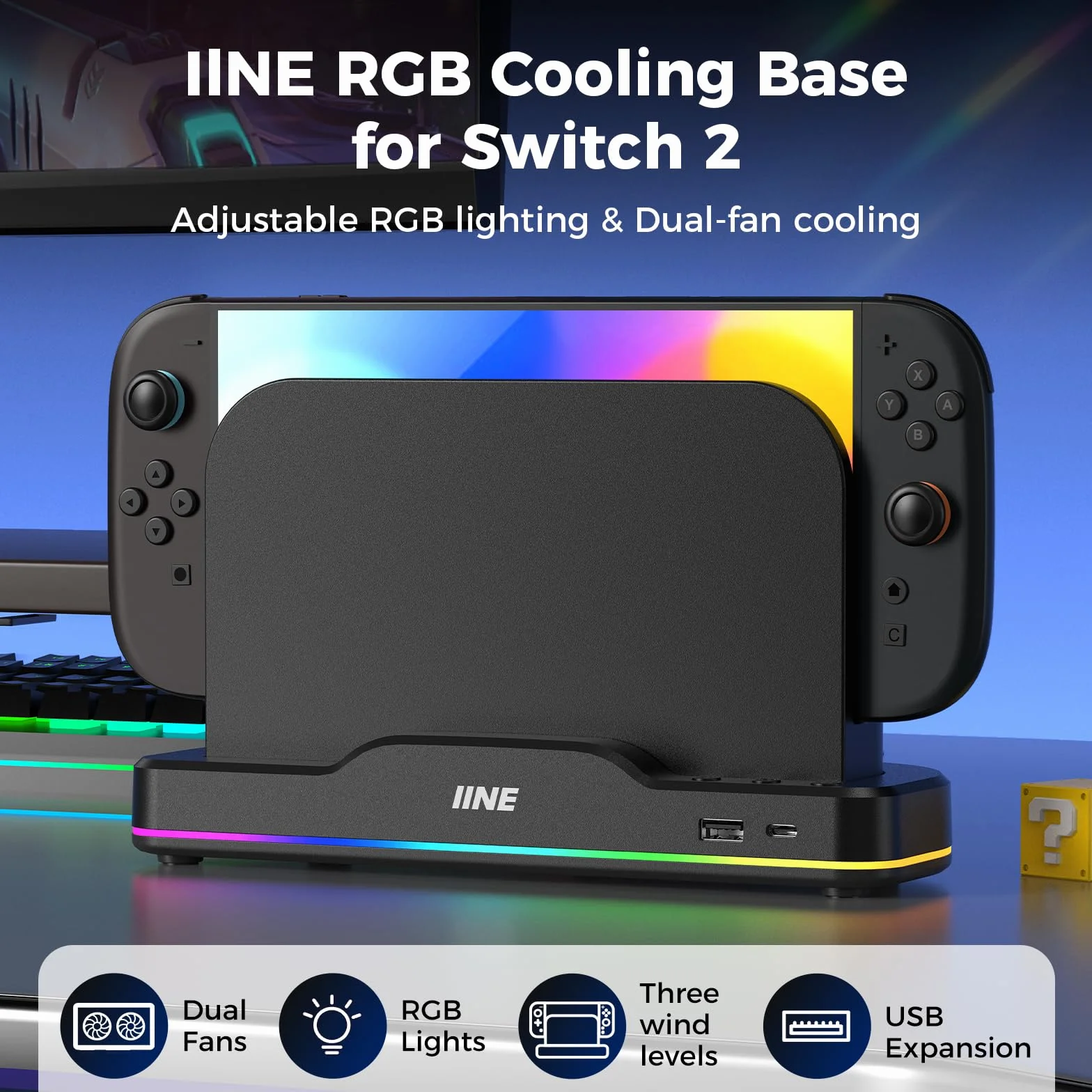IINE Wentylator chłodzący do przełącznika 2, podwójny wentylator chłodzący z regulowanym oświetleniem RGB, rozszerzenie USB, chłodziarka dokująca Plug & Play dla zwiększonej wydajności konsoli (wersja