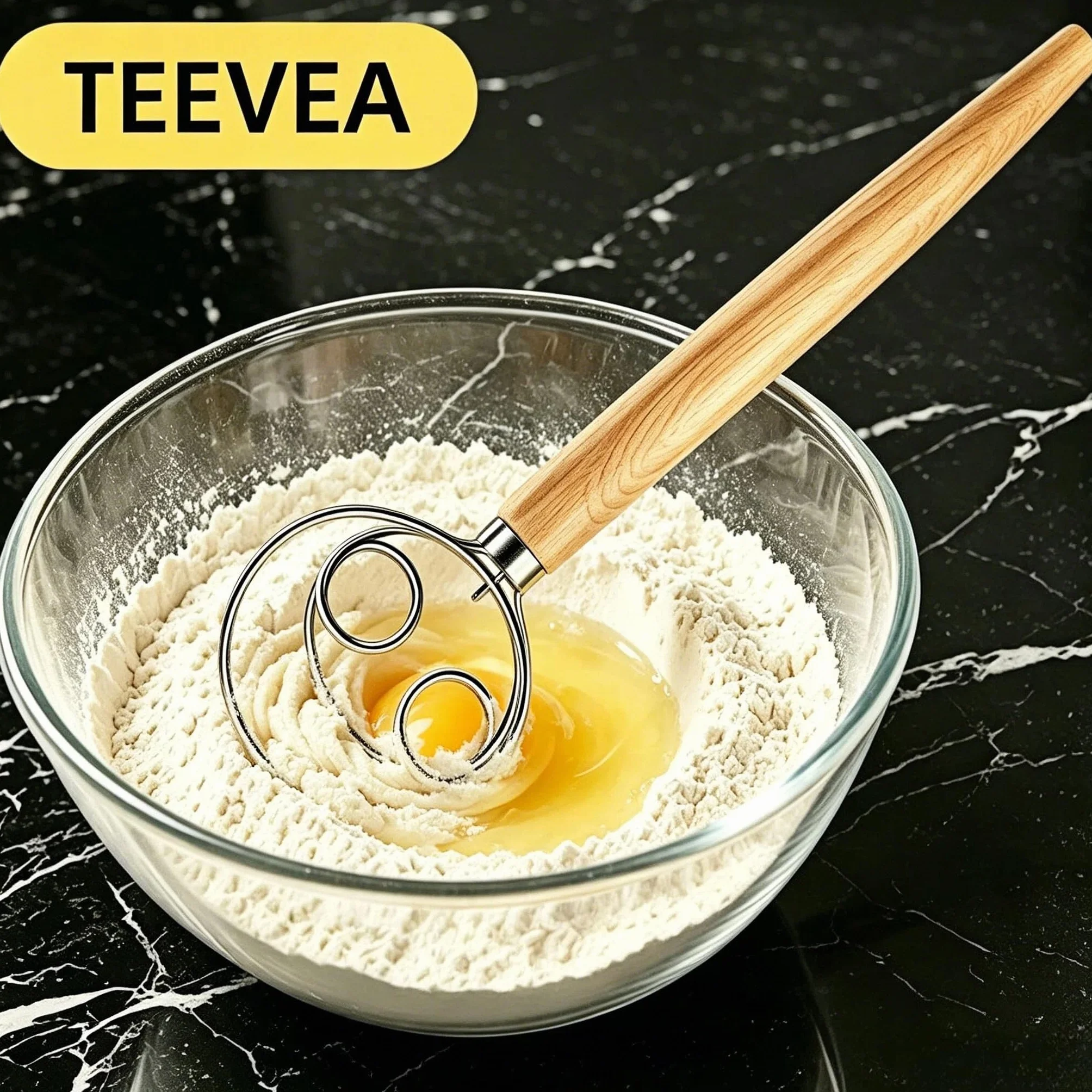 TEEVEA Duńska trzepaczka do ciasta trzepaczka do ciasta ze stali nierdzewnej holenderski styl chleb ciasto mikser ręczny drewniany uchwyt kuchenne narzędzia do pieczenia chleba narzędzia i materiały