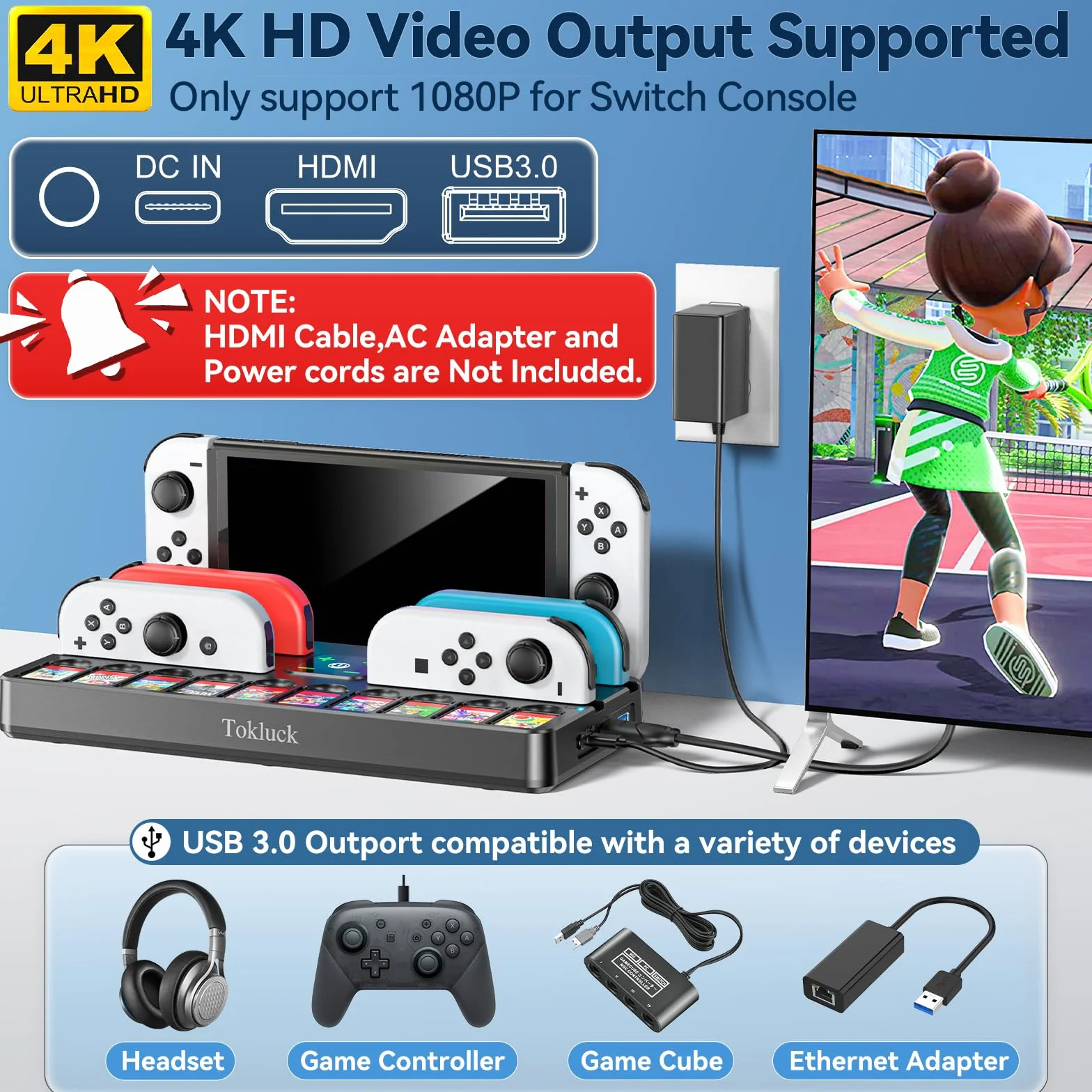 Stacja dokująca do telewizora ze stacją ładującą switch, przełącznik OLED TV z zasilaczem TV 4K HDMI, zastępcza stacja dokująca z interfejsem/kontrolerem przełącznika, stacja ładująca i 10 gier