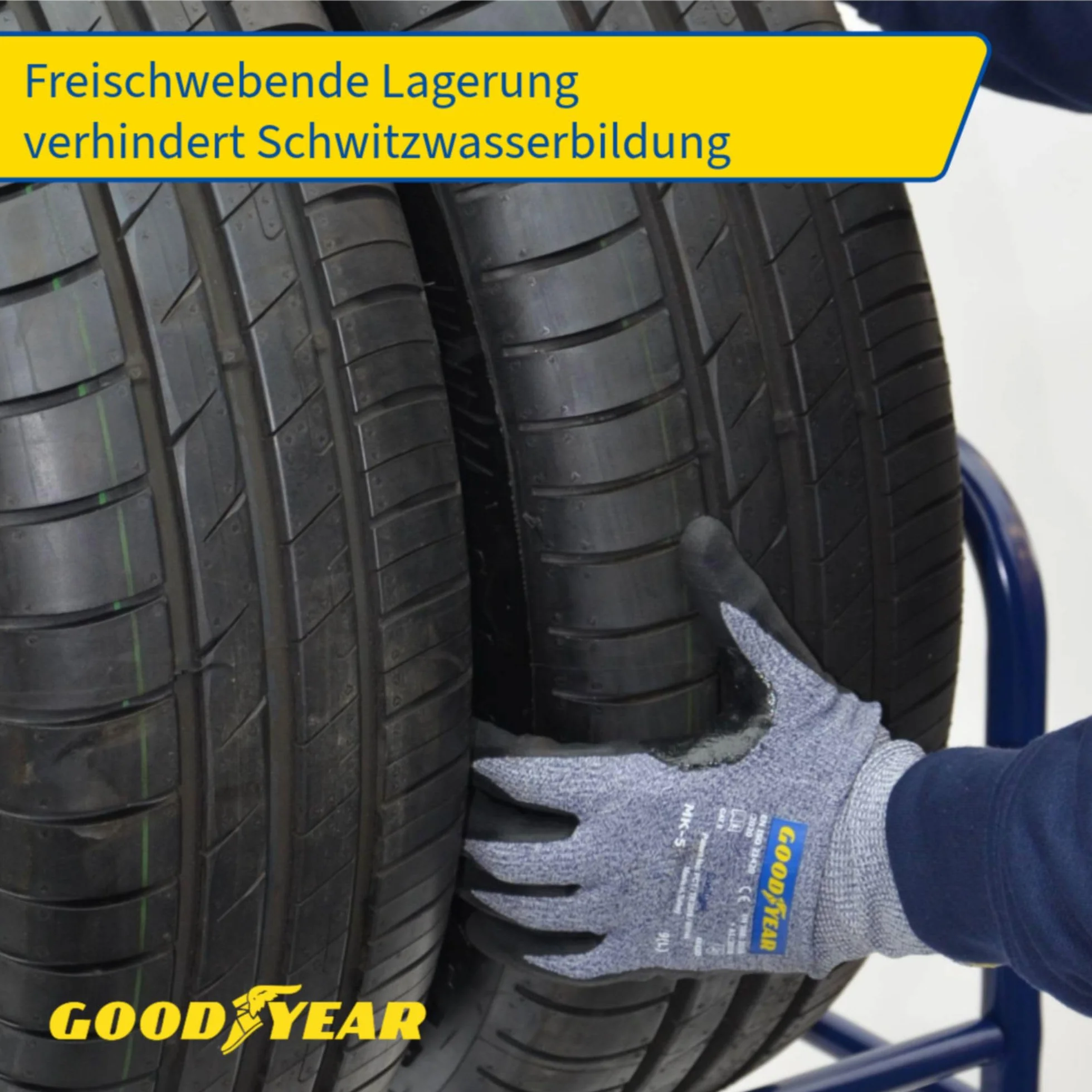 Goodyear Regał na opony na 4 opony, zajmuje mało miejsca, z regulacją wysokości, 2 poziomy, nośność do 120 kg, niebieski