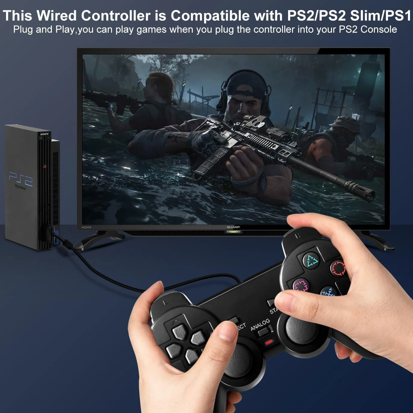 Kontroler przewodowy FLLAGG20 kompatybilny z PS2 PS1 PSX, czarny, analogowy, podwójne silniki wibracyjne