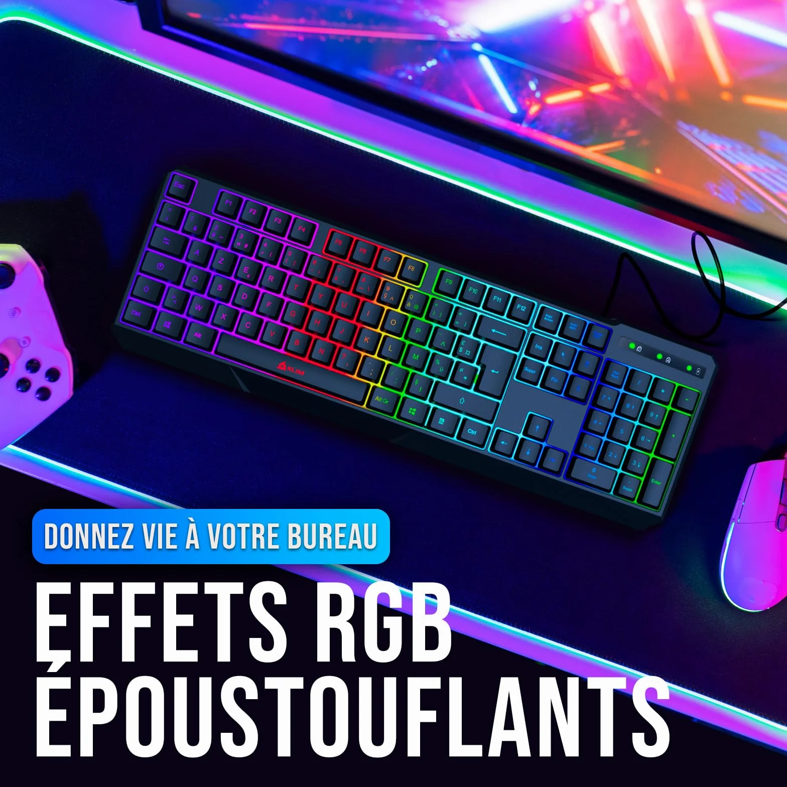 KLIM Chroma Gaming Keyboard AZERTY FRANCE Wired USB RGB Black PC PS4 Windows Mac