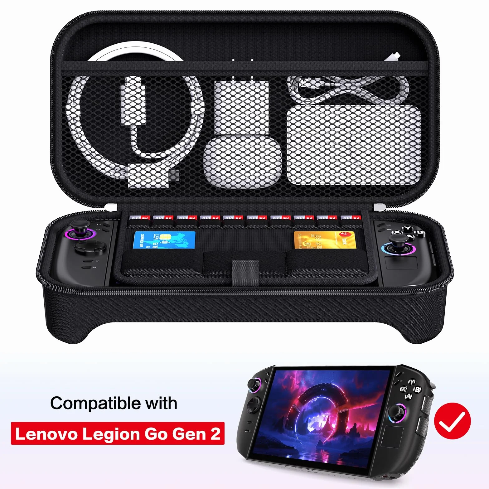 iVoler Twarde etui do Lenovo Legion Go Gen 2, odporna na wstrząsy torba transportowa z miejscem do ładowania stacji dokującej, zawiera 8 kart MicroSD i 2 kart kredytowych, czarny