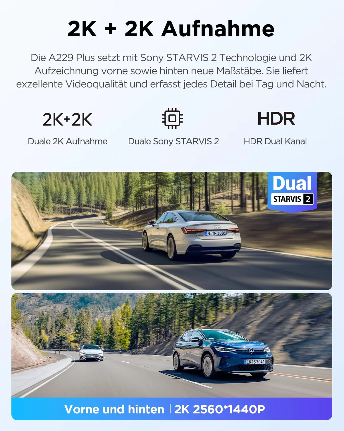 VIOFO A229 Plus 2K + 2K Dual STARVIS 2, HDR przednia tylna kamera samochodowa, sterowanie głosowe i kamera samochodowa Wi-Fi 5 GHz, ultra precyzyjny GPS, super noktowizor 2.0, duży wyświetlacz LCD