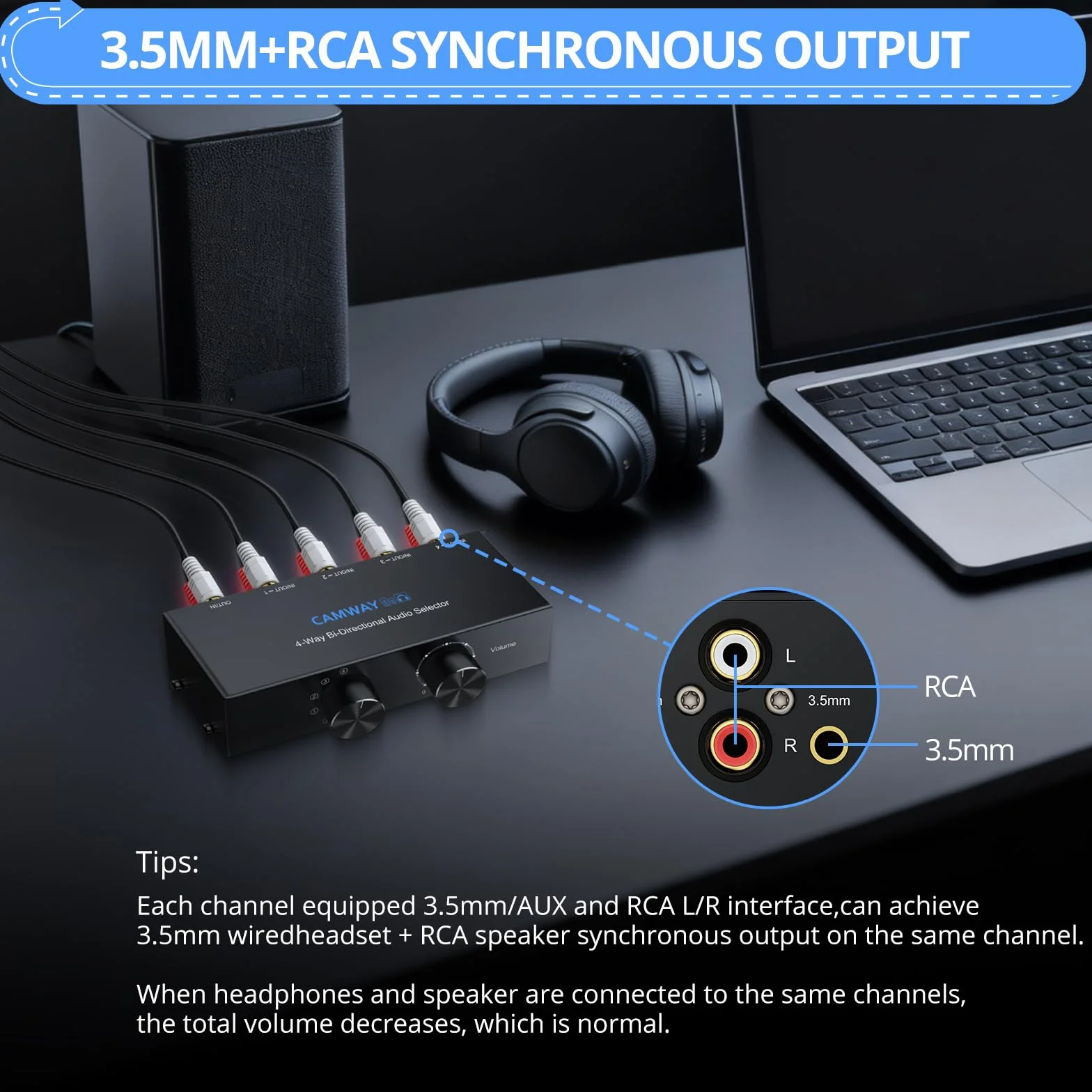 CAMWAY 4 (1) In-1(4) Out RCA L/R Stereo Audio Switch, dwukierunkowy przełącznik audio z przyciskiem głośności / wyłączania, pasywny przełącznik stereo AUX do głośników, słuchawek, wzmacniacza