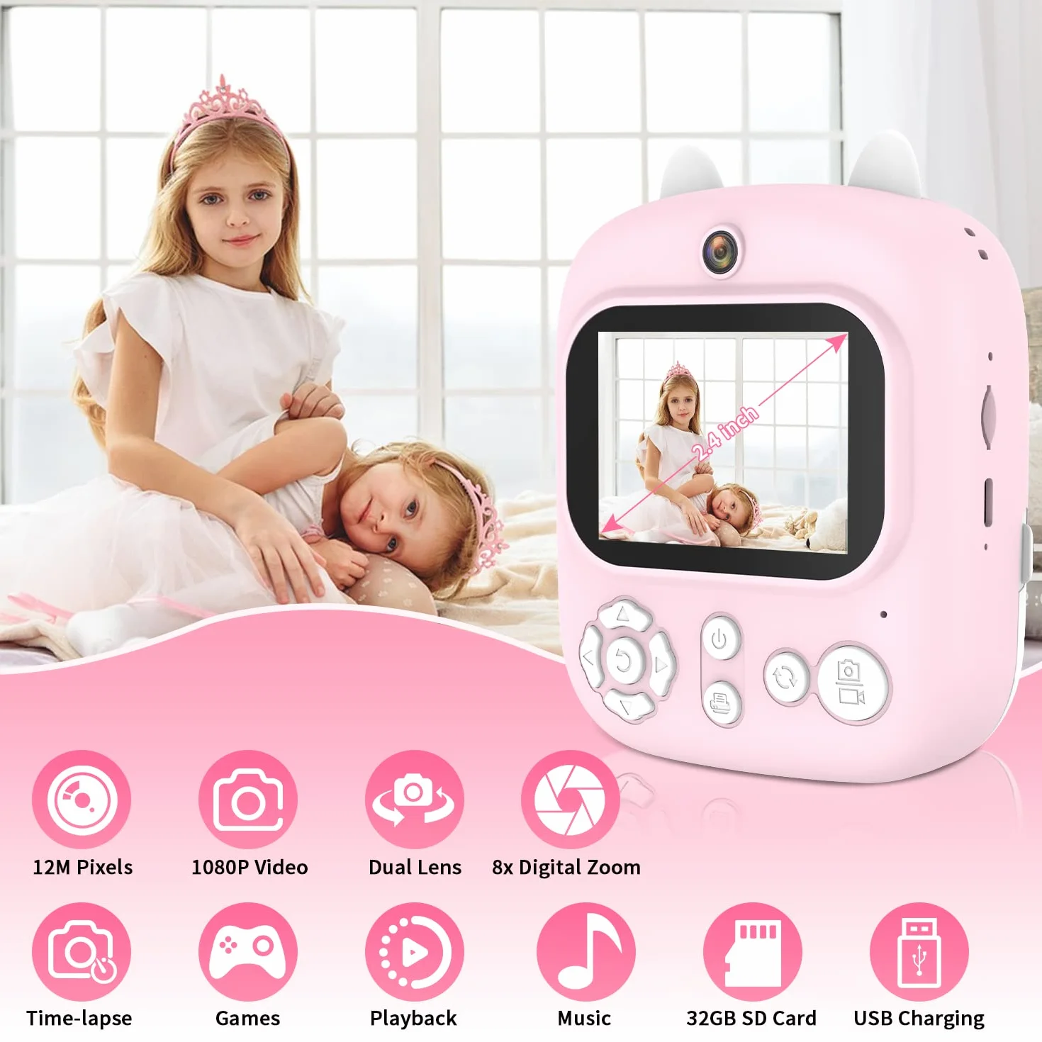 HONGXIN Aparat dla dzieci, 2,4 cala, natychmiastowy aparat dla dzieci z kartą SD 32 GB i papierem do drukowania, kamera 12 MP/1080P HD, aparat cyfrowy dla dzieci, prezent dla dzieci w wieku 3-12 lat