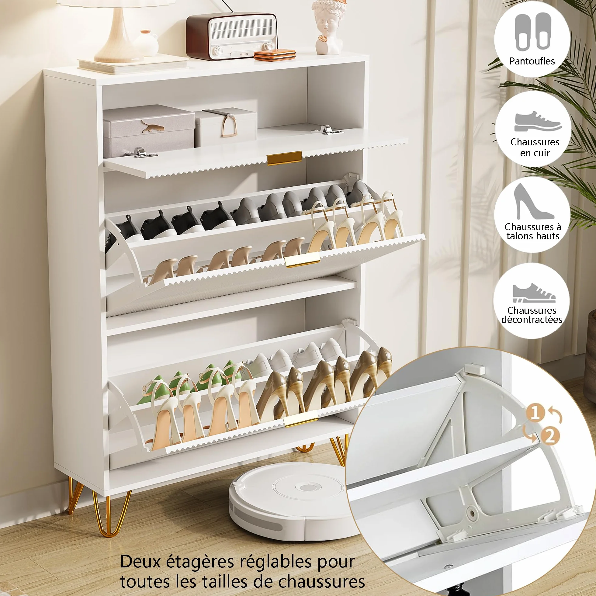 KeepGoon Szafka na buty 80x24x118,5 cm 1 szuflada 2 drzwi biały metalowe nogi