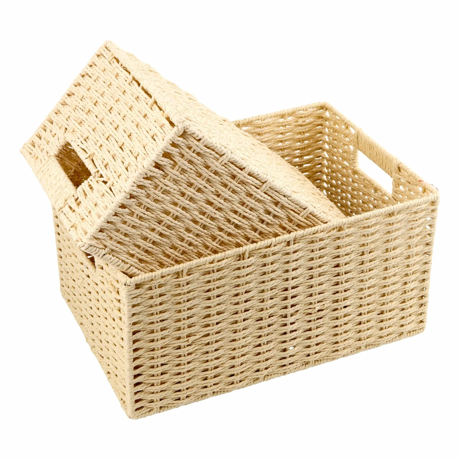 2-częściowy zestaw rattanowych koszyków do przechowywania, plecionych, można układać w stos, kosz rattanowy z papieru, pleciony kosz do łazienki i sypialni, 35 x 25 x 18 cm i 31 x 21 x 15 cm