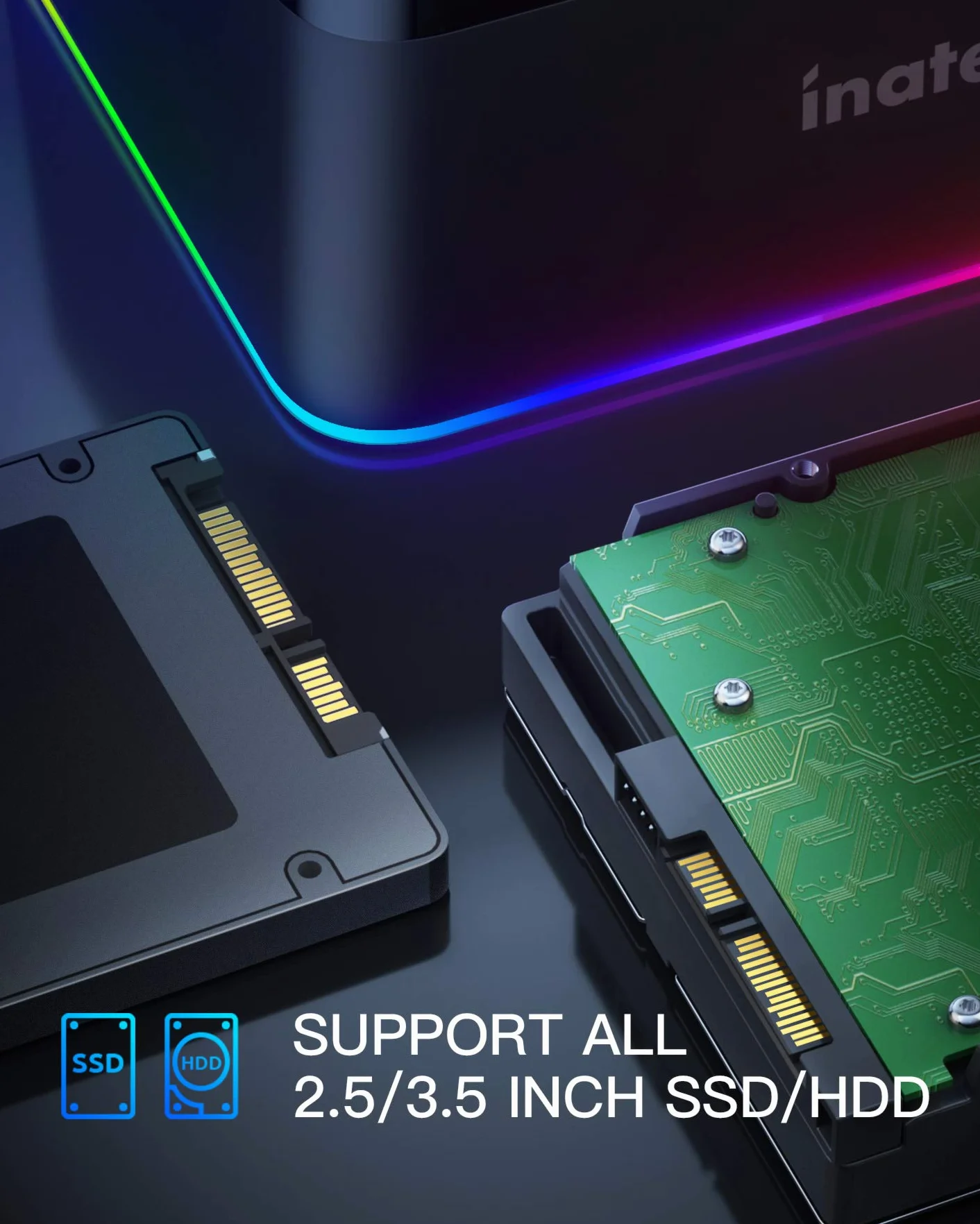 Inateck Stacja dokująca do dysków twardych RGB USB 3.0 z funkcją klonowania offline, do 2,5 i 3,5 cala SATA HDD i SSD, obsługuje UASP, czarna