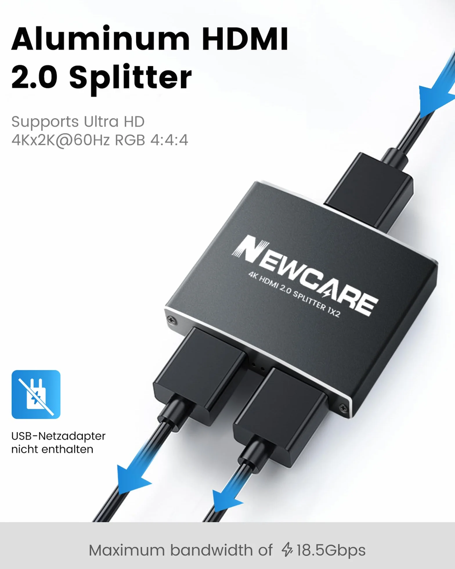 HDMI 2.0b aluminium z kablem HDMI 1,2 m, NEWCARE rozdzielacz 1 w 2 (duplikat/lustro), obsługa HDCP 2.2, 1080P 120Hz, 3D, Full HD TV