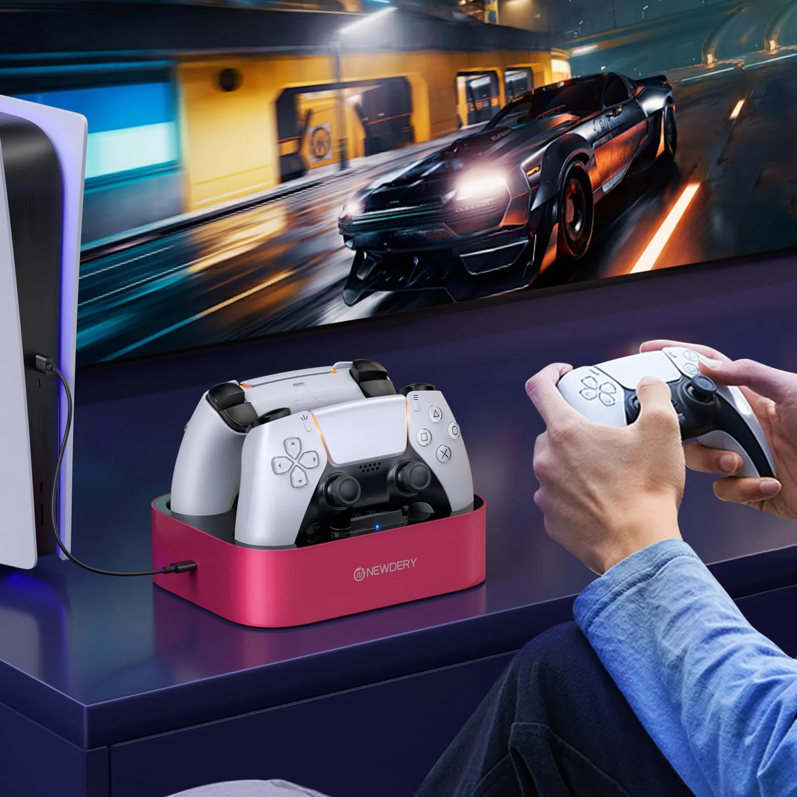 NEWDERY Stacja ładująca do kontrolera PS5 Dualsense Edge, podwójna szybka ładowarka z kablem do PlayStation 5