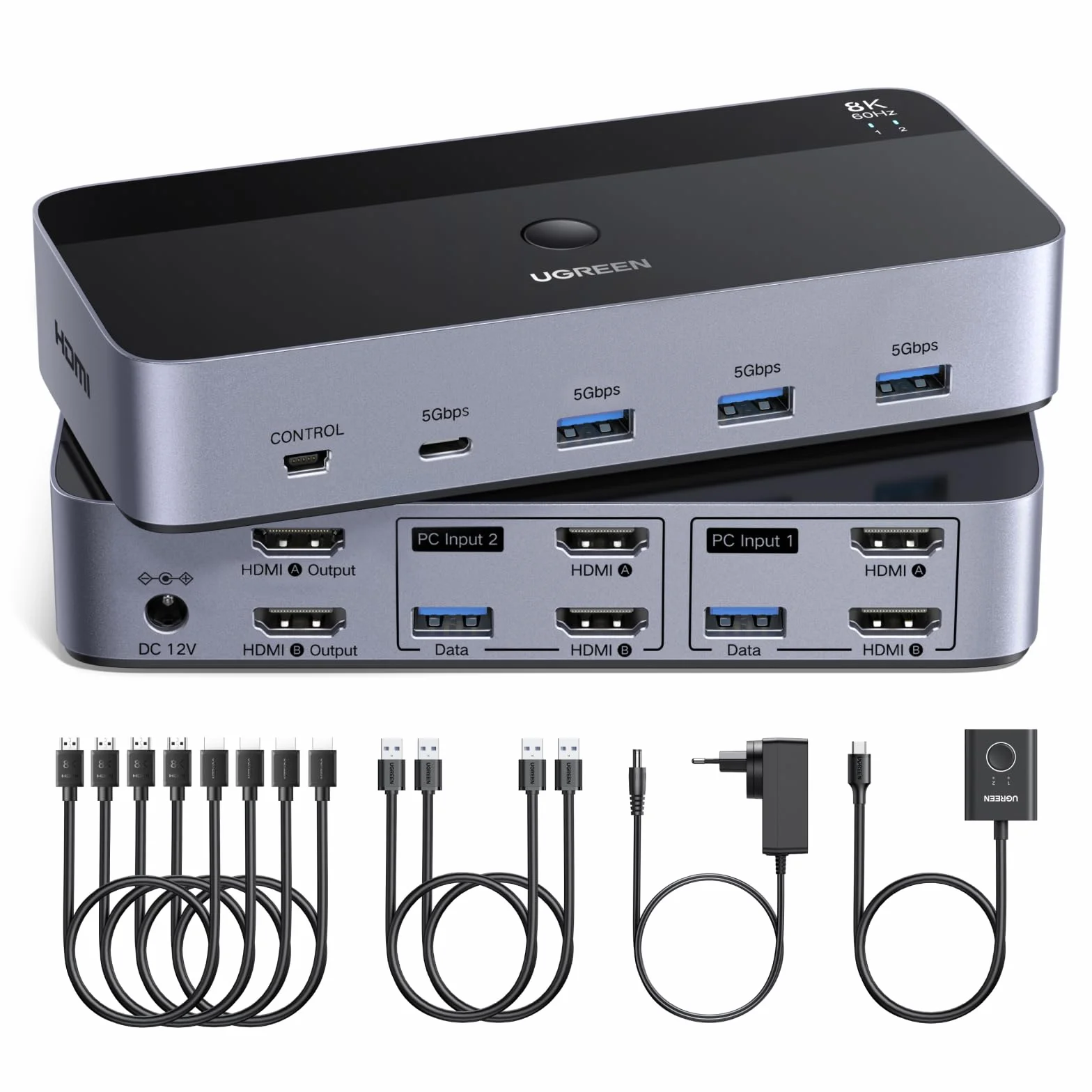 UGREEN Przełącznik KVM HDMI z podwójnym wyświetlaczem, 2 Komputery 2 Monitory, 8K60Hz, 4K240Hz, przełączanie klawiatury i kontrolera pulpitu, 4 porty USB 3.0