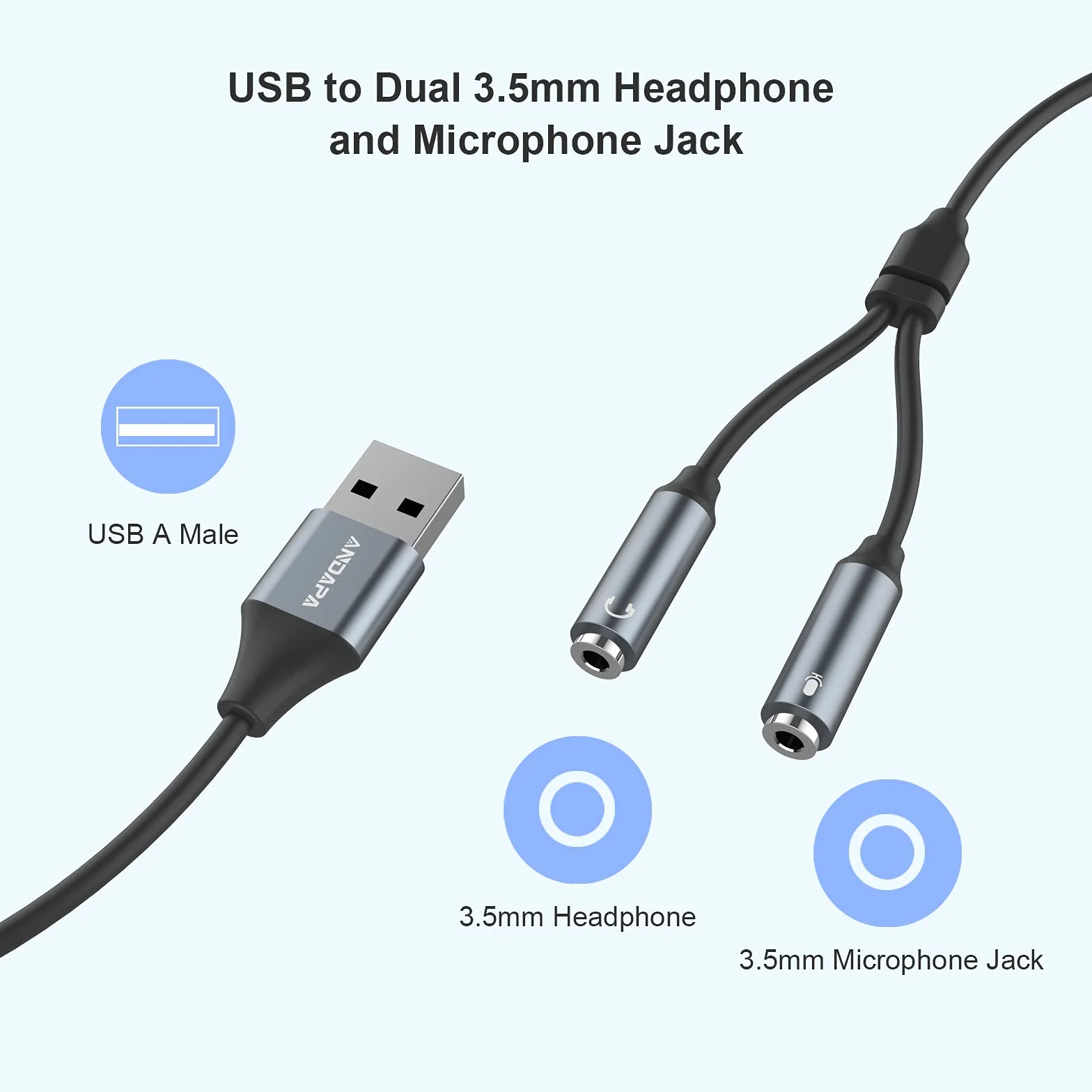 ANDAPA Adapter zestawu słuchawkowego USB, adapter audio USB, stereo, zewnętrzna karta dźwiękowa z gniazdem słuchawkowym 3,5 mm i mikrofonem do systemu Windows, Mac, Linux, laptopów, komputerów