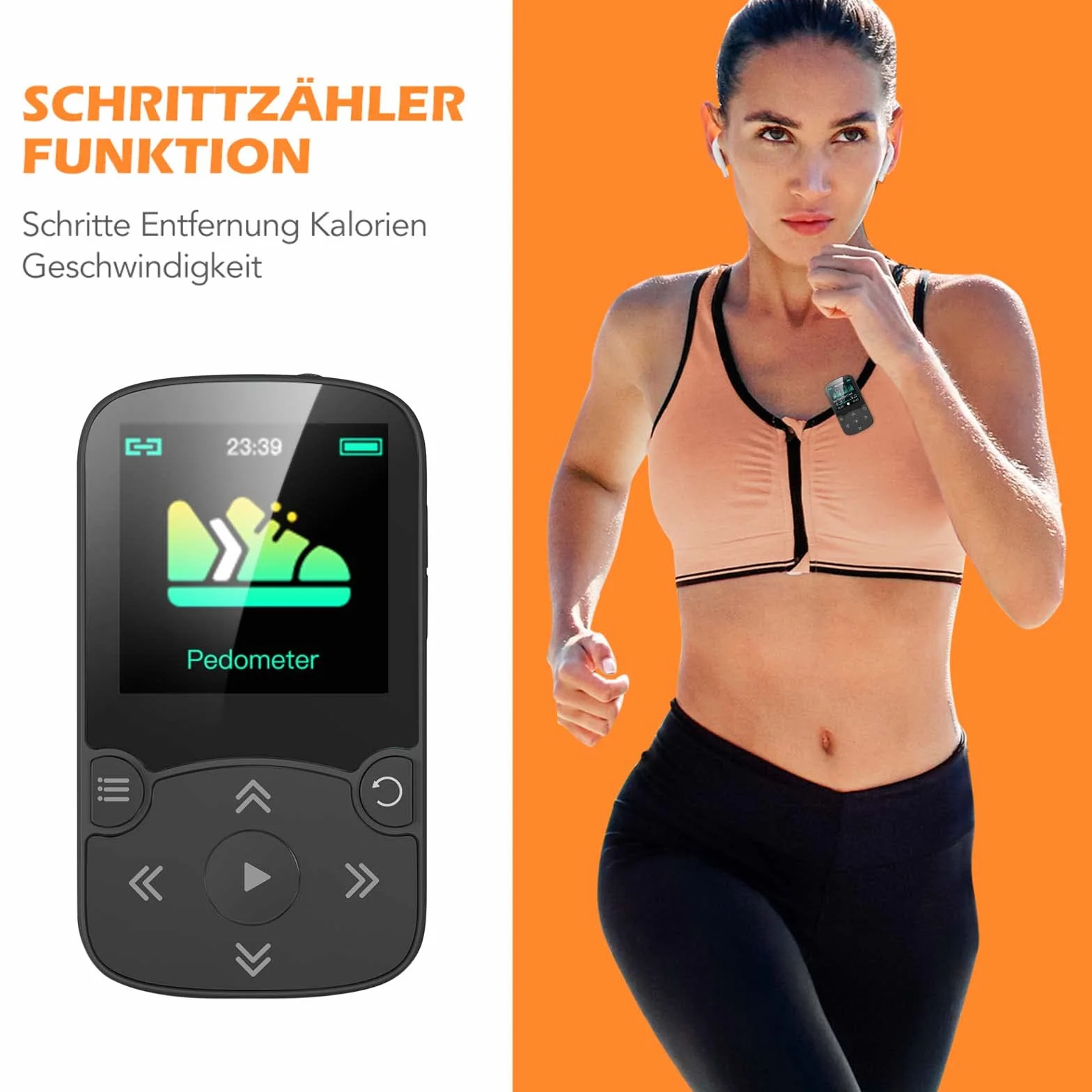 AGPTEK Odtwarzacz MP3 Bluetooth 5.3 Sport 32 GB z kolorowym ekranem TFT 1,5", mini odtwarzacz muzyki z klipsem, obsługuje kartę TF do 128 GB, z przyciskiem głośności, radio FM, krokomierz, czarny