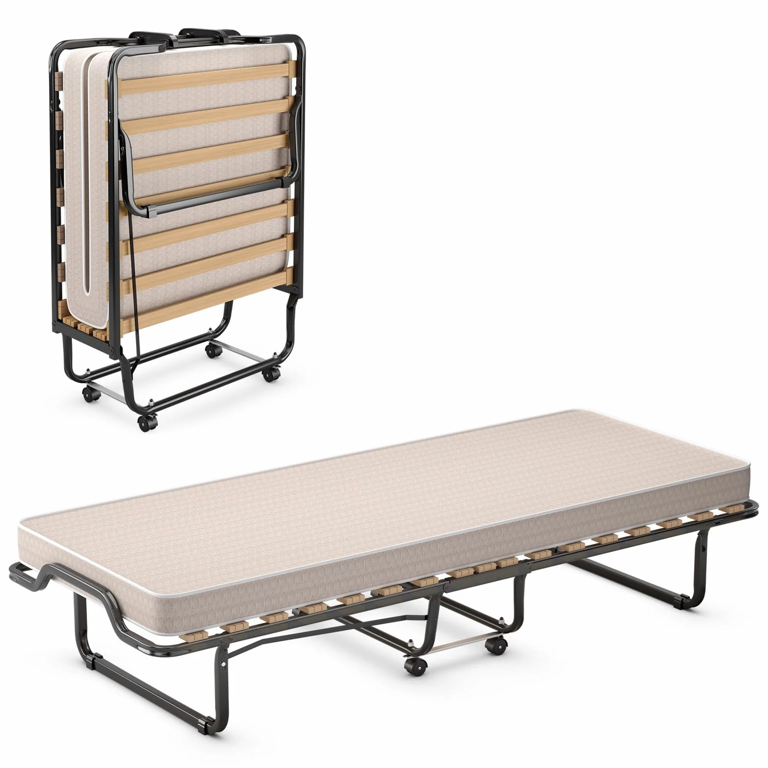 COSTWAY 90 x 200 cm, łóżko dla gości z materacem z pianki, składane łóżko pojedyncze, stabilne metalowe łóżko do 120 kg, składane łóżko na kółkach, składane łóżko na kemping i do pokoju gościnnego