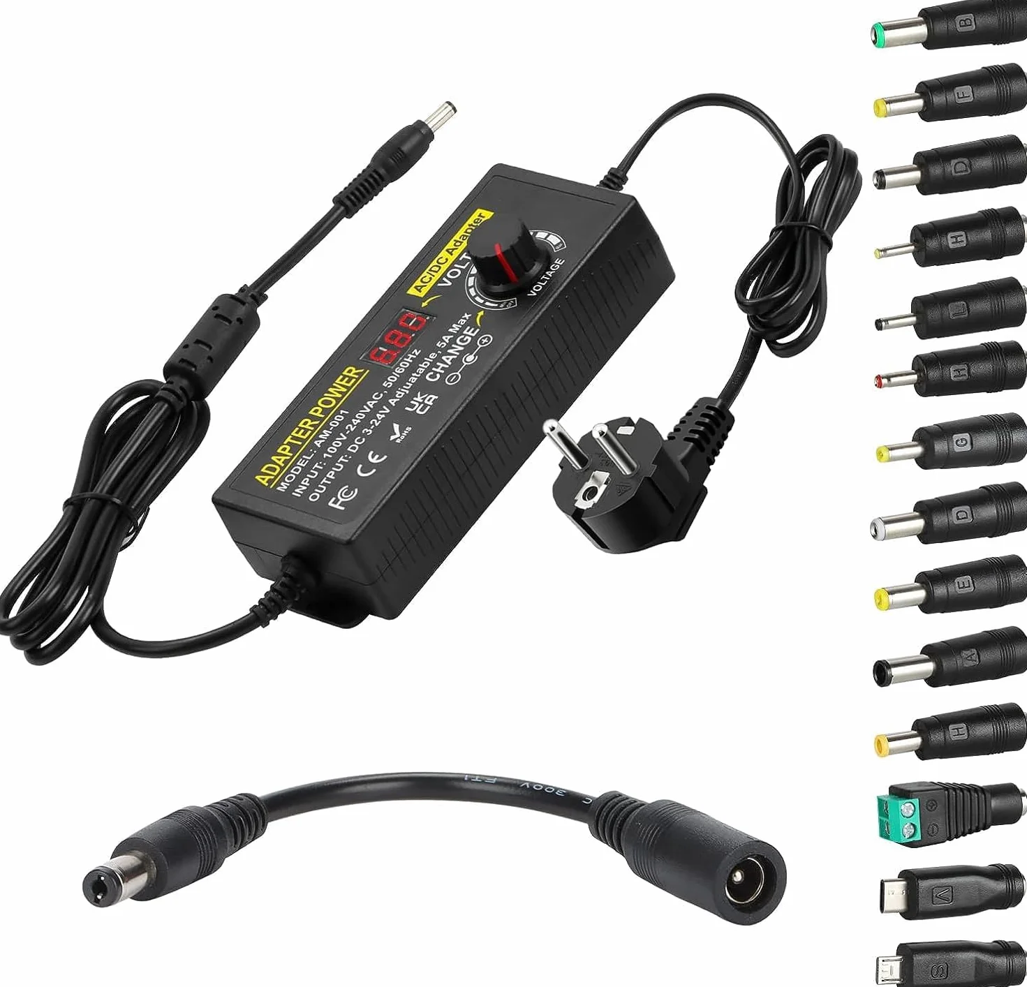 Regulowany zasilacz 3V~24V 5A 120 W, uniwersalny zasilacz AC/DC 3V 5V 6V 9V 12V 15V 18V 19V 20V 24V, konwerter AC/DC 100V-240V z 14 końcówkami 5,5 x 2,5 mm do taśm LED