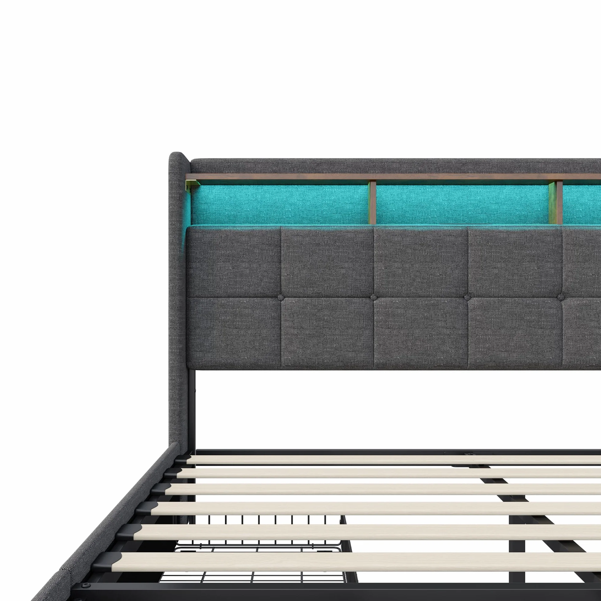 Łóżko Podwójne Pikowane 160 x 200 cm z Szufladą, Oświetleniem LED i Ładowaniem USB - Szare