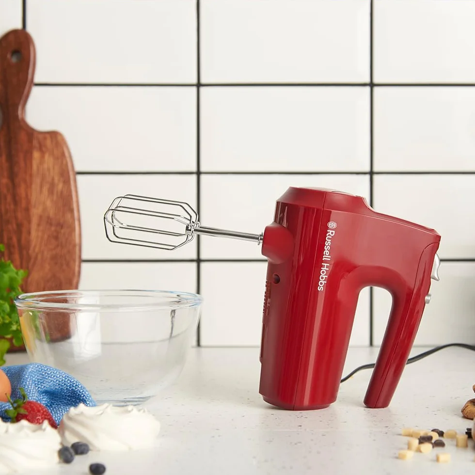 Russell Hobbs Mikser ręczny [Blender ręczny] Desire Red (5 Prędkości + Funkcja pulsacyjna, 2 Chromowane trzepaczki i haki do ciasta, Możliwość mycia w zmywarce, duża moc 350W) 27152-56
