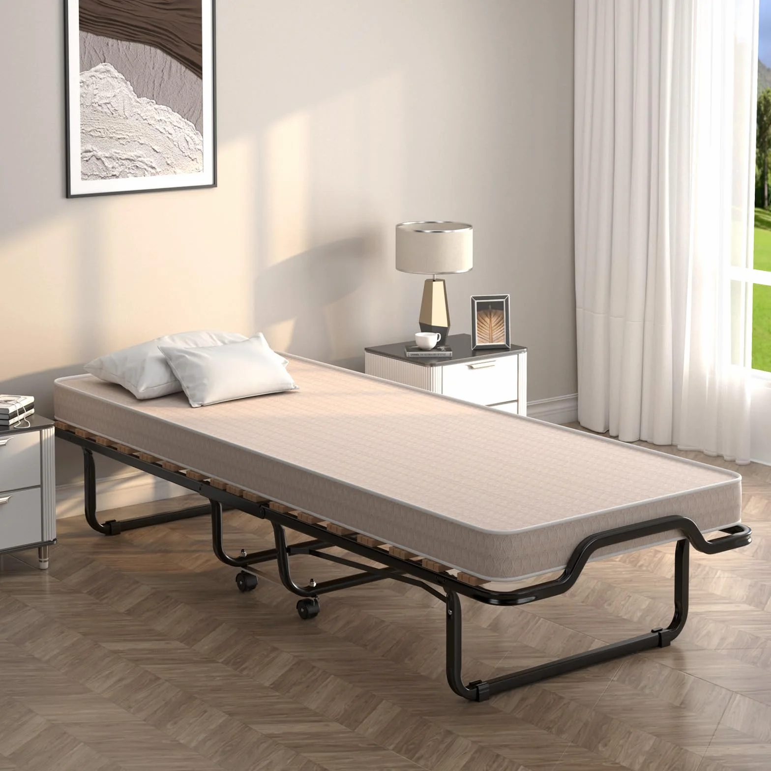 COSTWAY 90 x 200 cm, łóżko dla gości z materacem z pianki, składane łóżko pojedyncze, stabilne metalowe łóżko do 120 kg, składane łóżko na kółkach, składane łóżko na kemping i do pokoju gościnnego