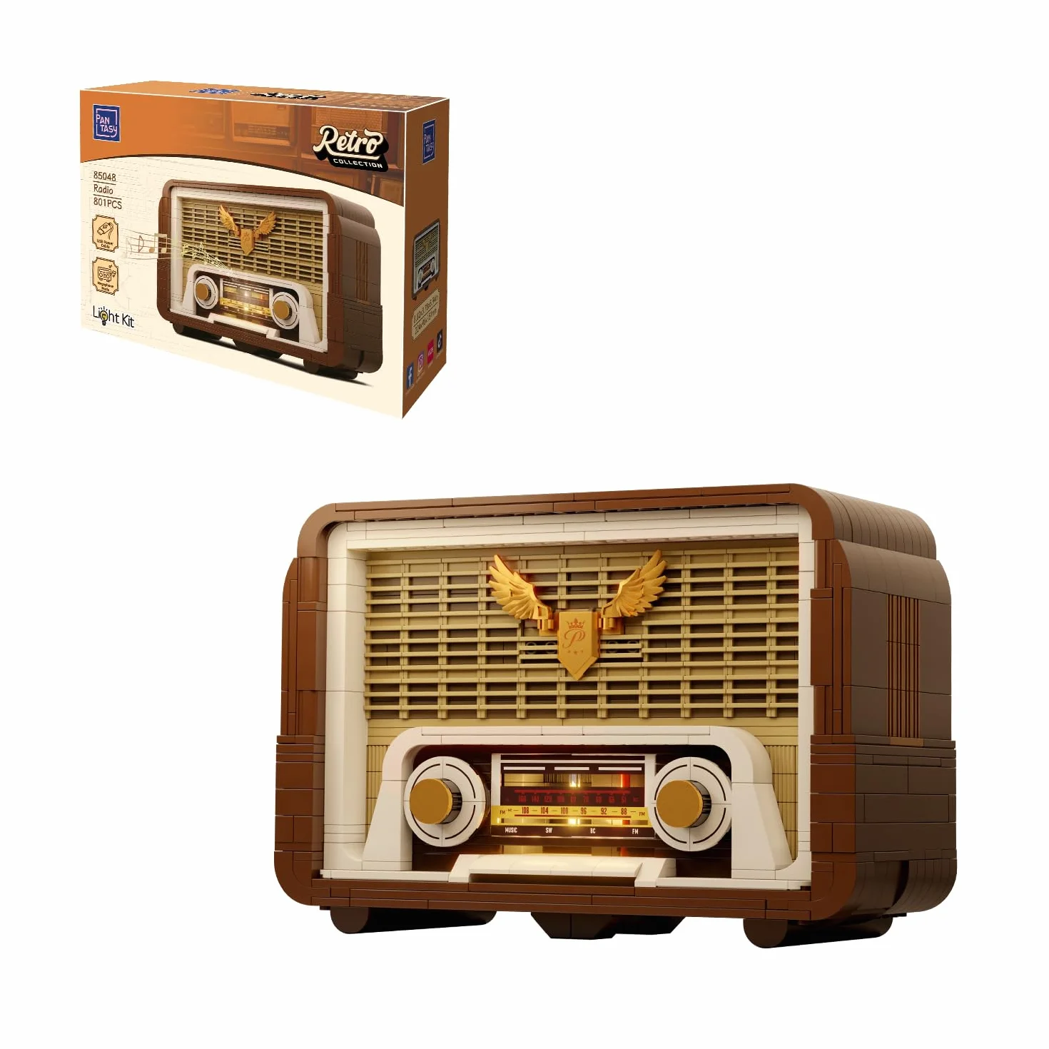 PANTASY Zestaw Klocków Retro Radio dla Dorosłych, Model Radia Vintage z Modułem Świetlnym i Ruchomym Pokrętłem Strojenia, Wzmacniacz do Telefonu, Zestaw Zasilany Model Kolekcjonerski